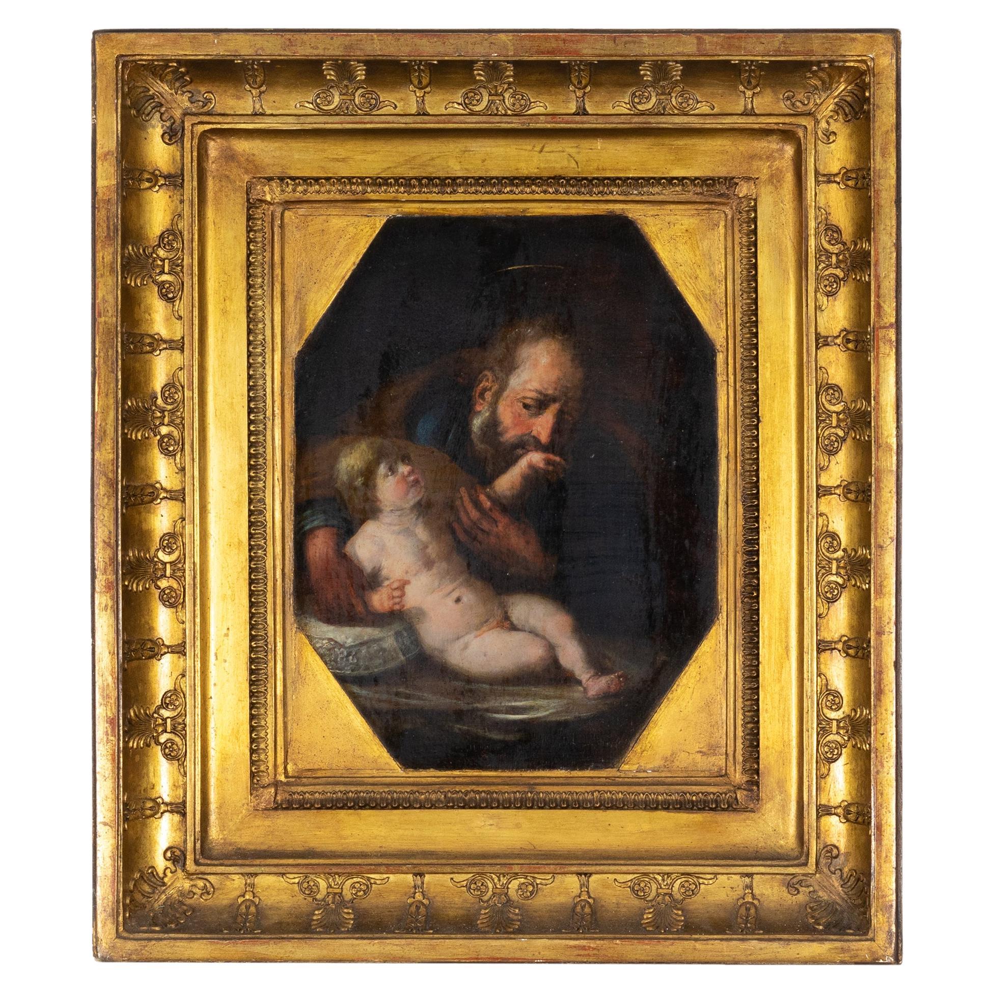 Touching Depiction of Fatherly Love, Painting Joseph and Child, 17th C, Baroque