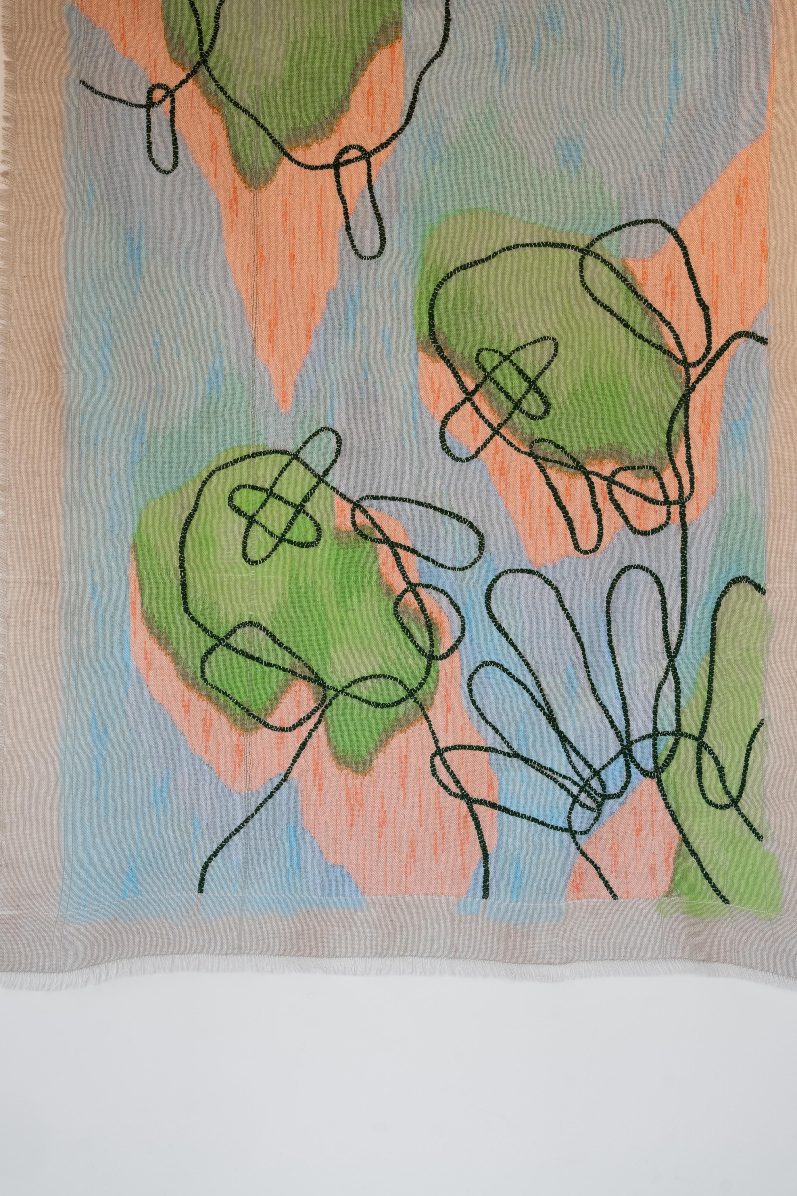 Bordado de colores y pintura acrílica sobre lino, 2023 - 'Nube 220226-1' en venta 1