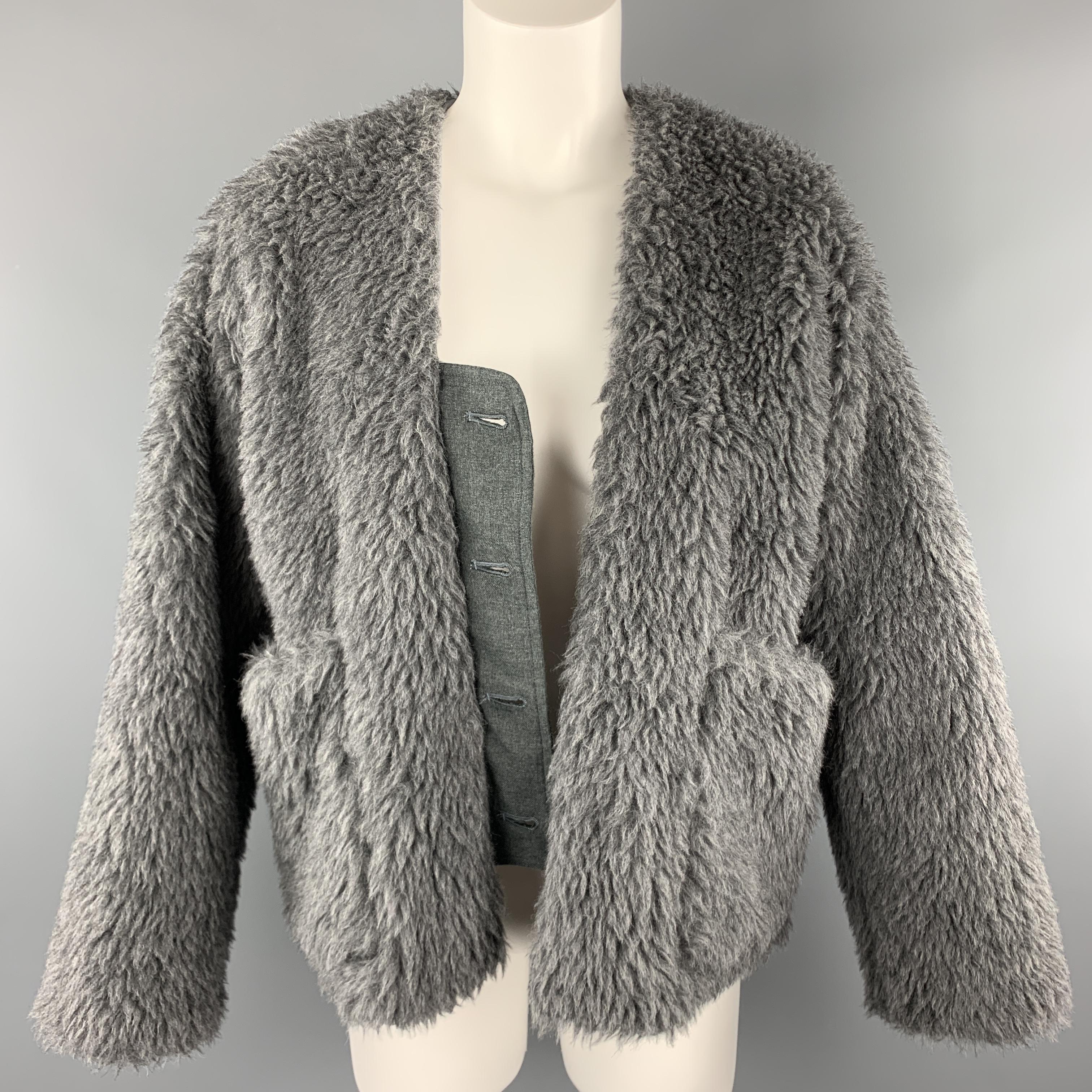 TOUJOURS Size S Gray Alpaca Blend Fauc Fur V Neck Jacket In New Condition In San Francisco, CA