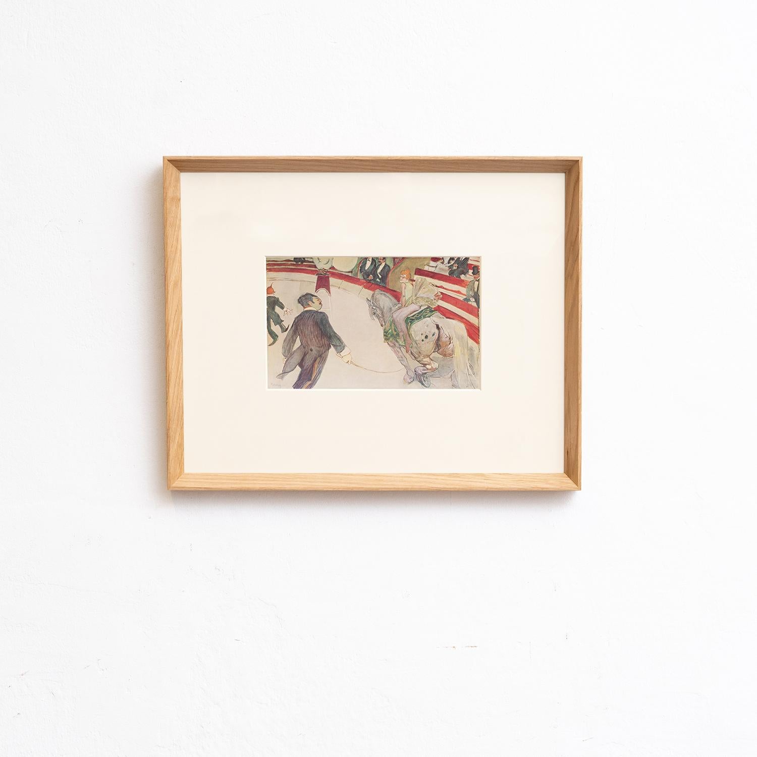 Tauchen Sie ein in die lebendige Welt von Henri de Toulouse-Lautrec mit diesem fesselnden Farbklischee, das 1952 von Editions du Chêne in Paris, Frankreich, sorgfältig herausgegeben wurde. In einem schönen Massivholzrahmen mit einer Breite von 54