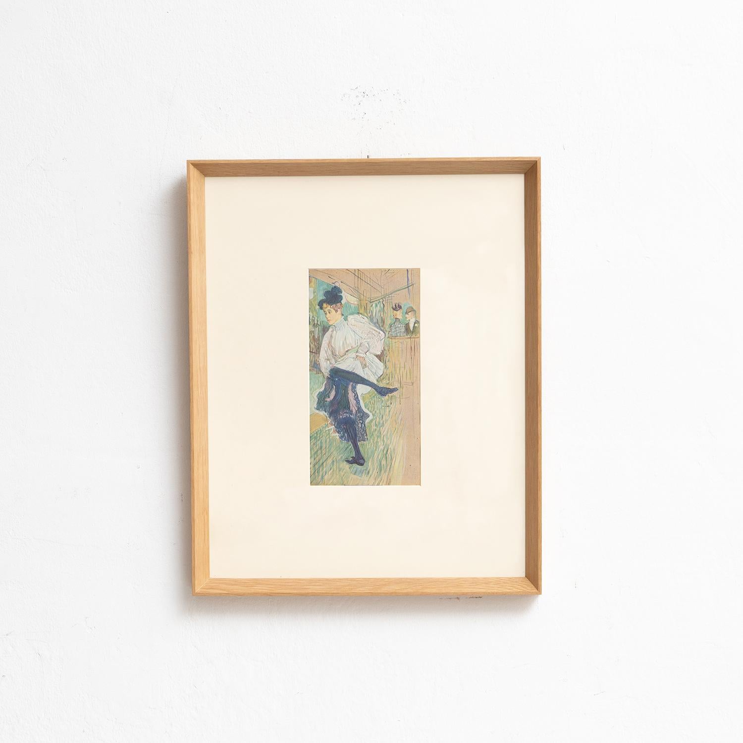 Entra nel mondo vibrante di Henri de Toulouse-Lautrec con questa accattivante stampa cliché a colori, meticolosamente curata da Editions du Chêne a Parigi, Francia, nel 1952. Racchiusa in una splendida cornice in legno massiccio che misura 54 cm di