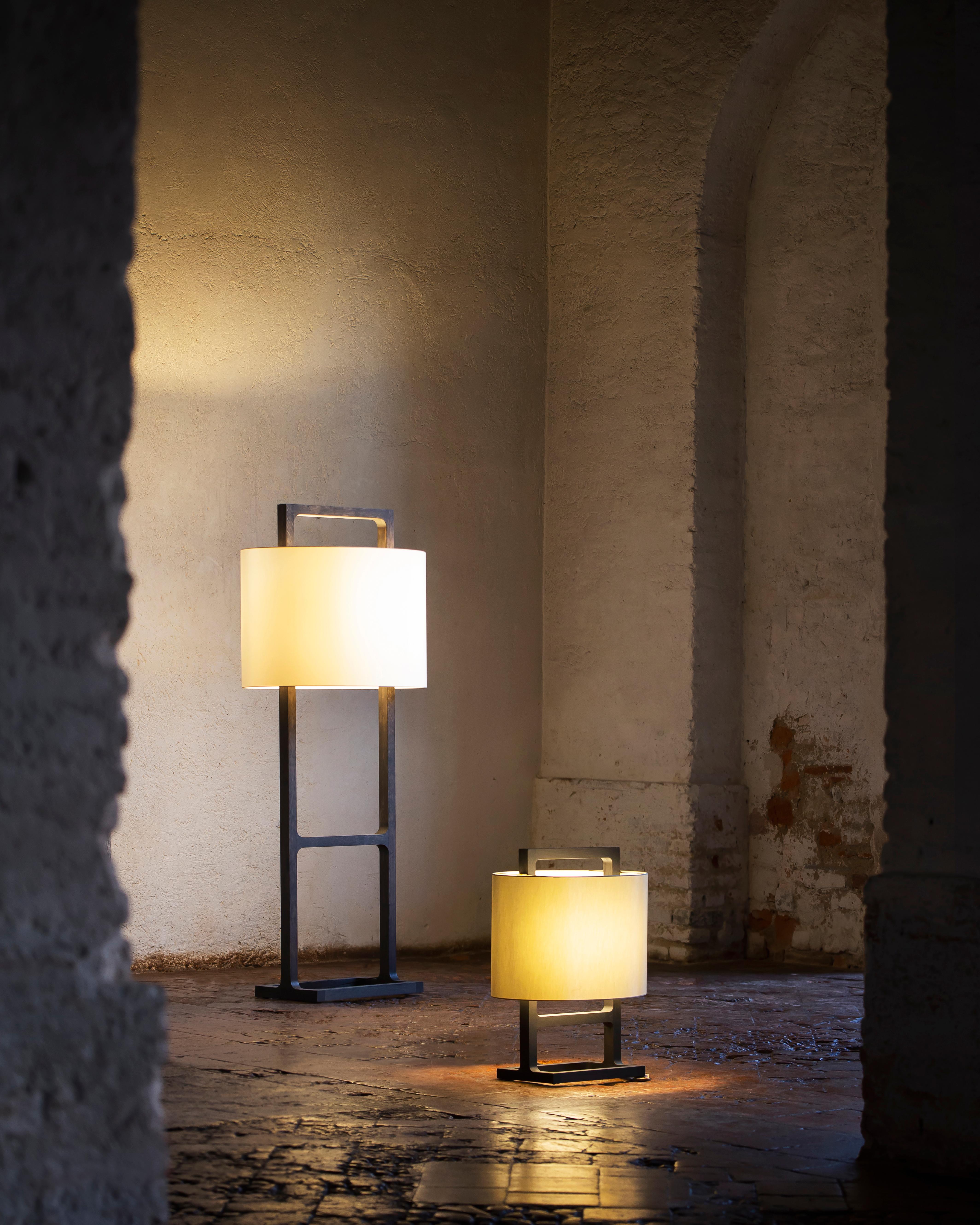 Tour Table Lamp by G.Luce
Dimensions: W 50 x D 37 x H 65 cm
Materials: Natural Brushed Oak and Percalline Lampshade. 
Weight: 3.2 Kg. 

G.Luce is the result of a thirty-year history of commitment, research and collaboration with a network of expert
