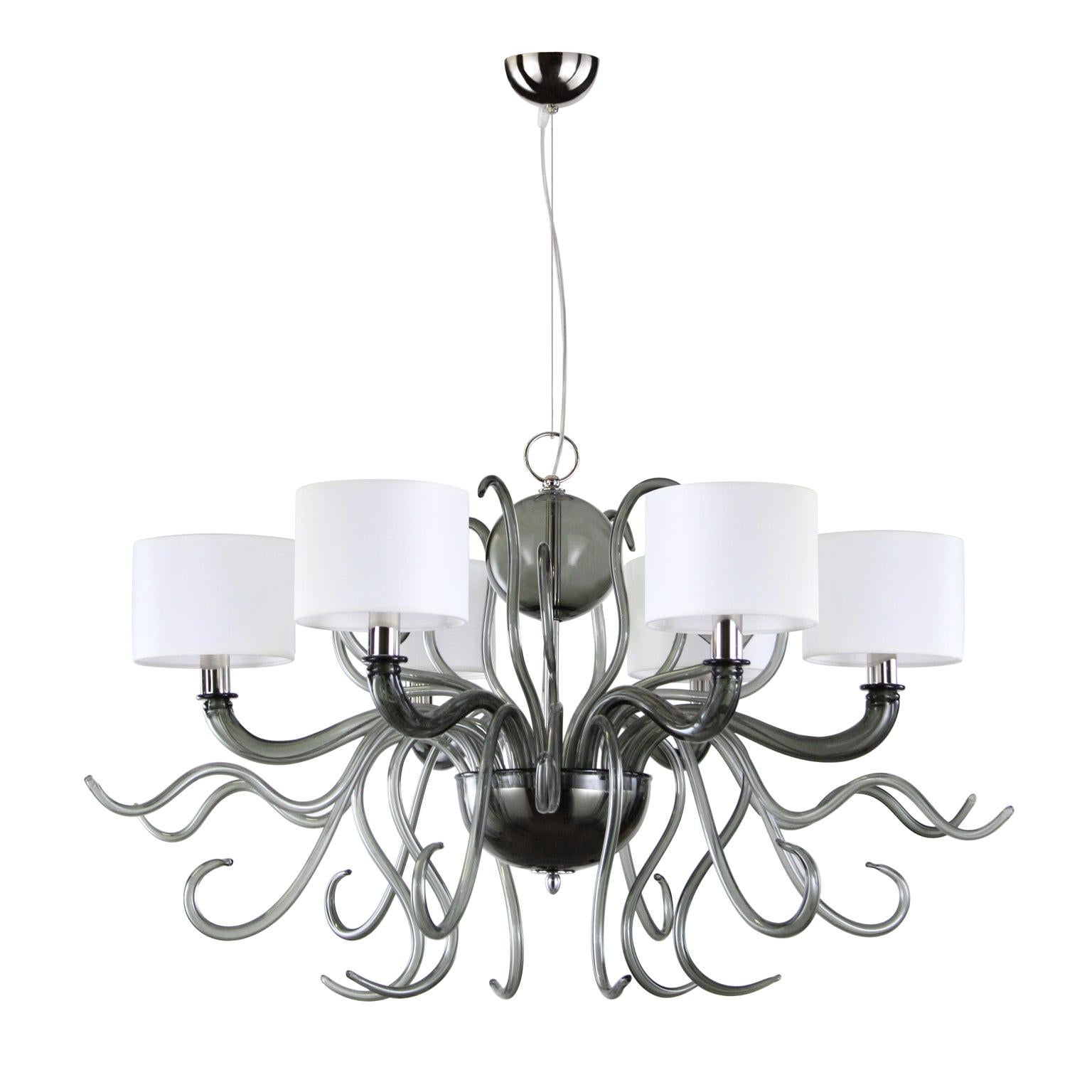21st Century Chandelier 6arms Grey Murano Glass White Lampshades by Multiforme
