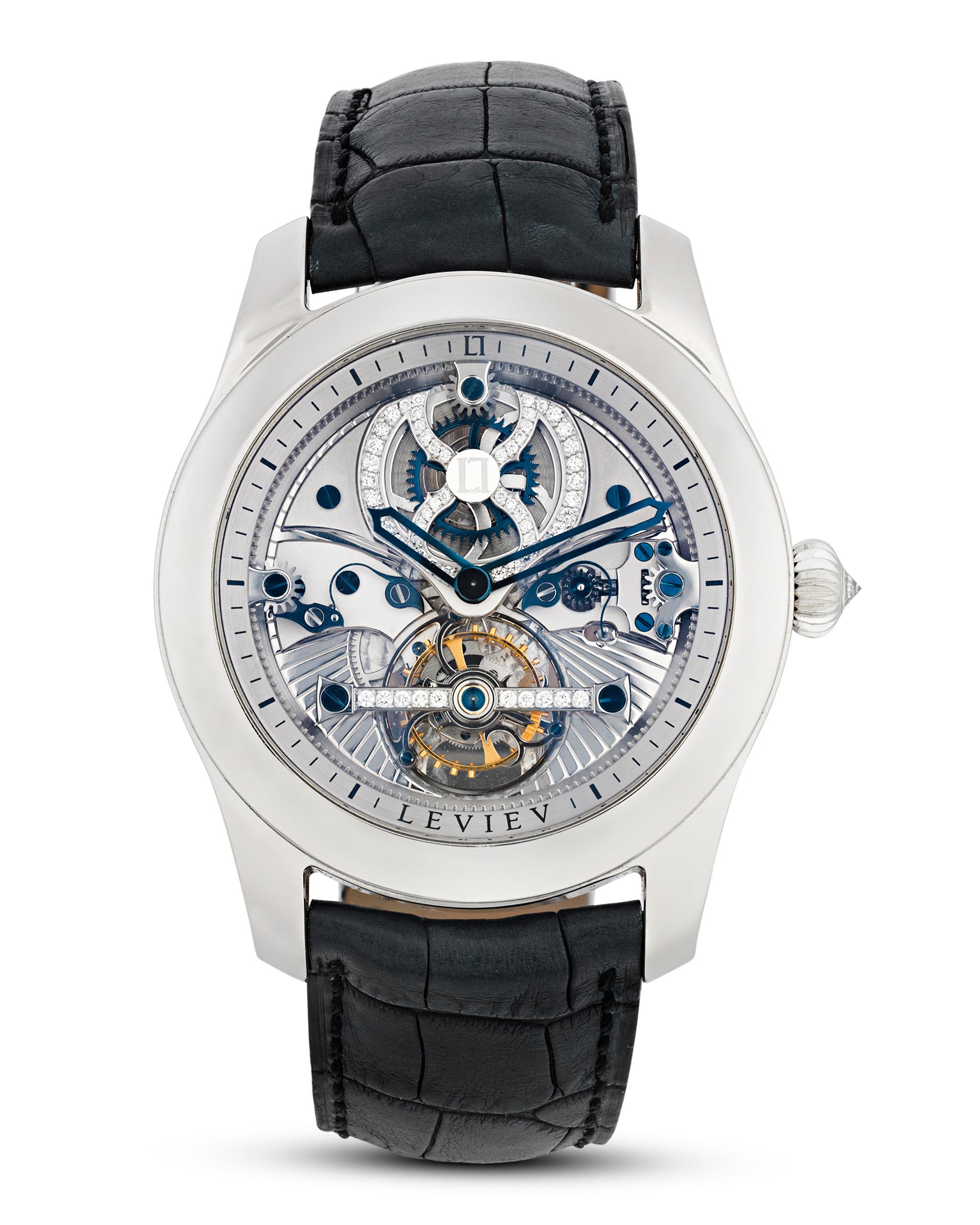 This exceptionally rare luxury wristwatch by Leviev contains a tourbillon movement, one of the most complex and highly coveted mechanical movements to be found. Invented in 1795 by the famed watchmaker Abraham-Louis Breguet, the tourbillon was