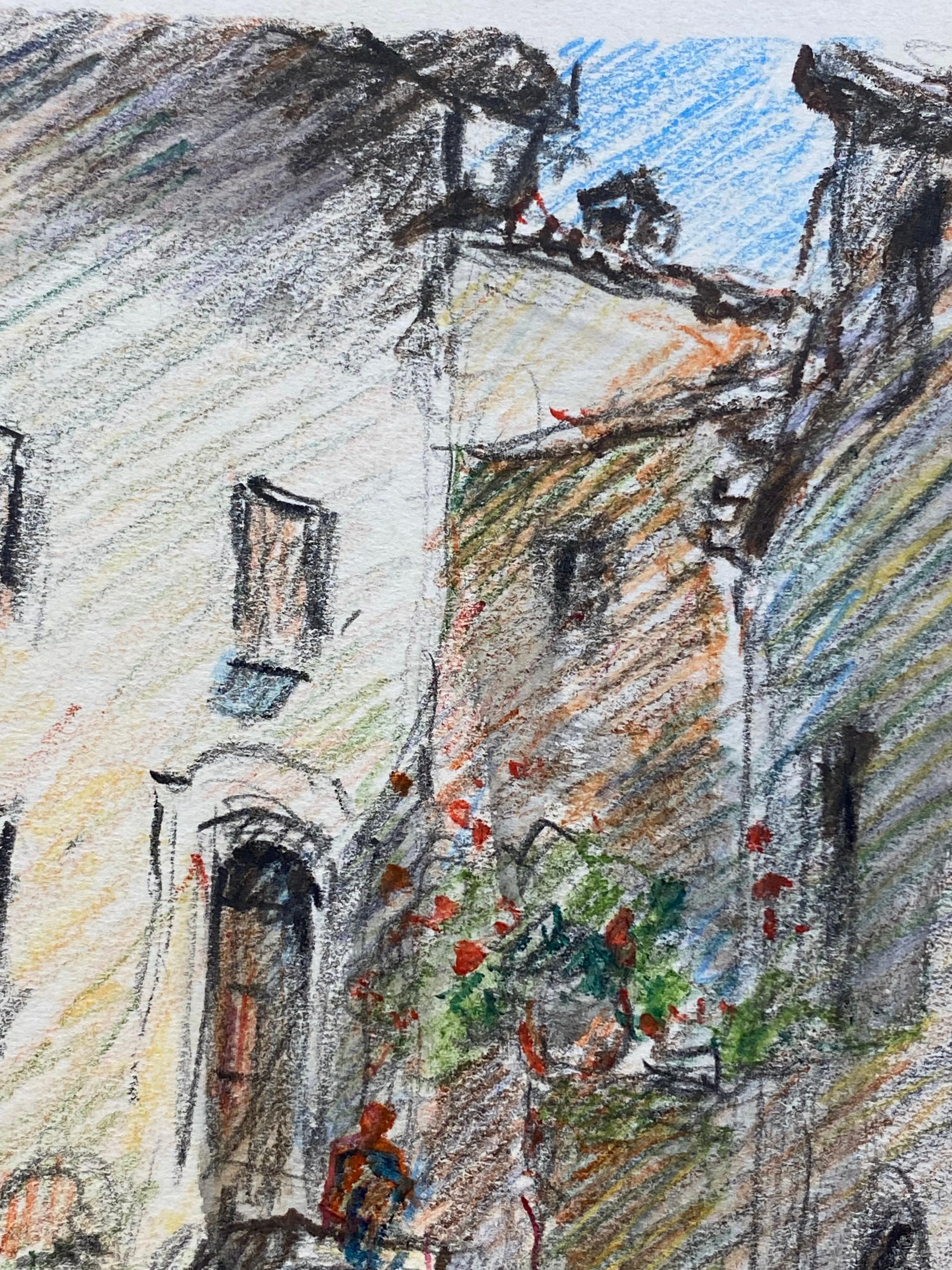 XX secolo Tourettes Provence Disegno a pastello impressionista francese firmato, Il vecchio villaggio in vendita