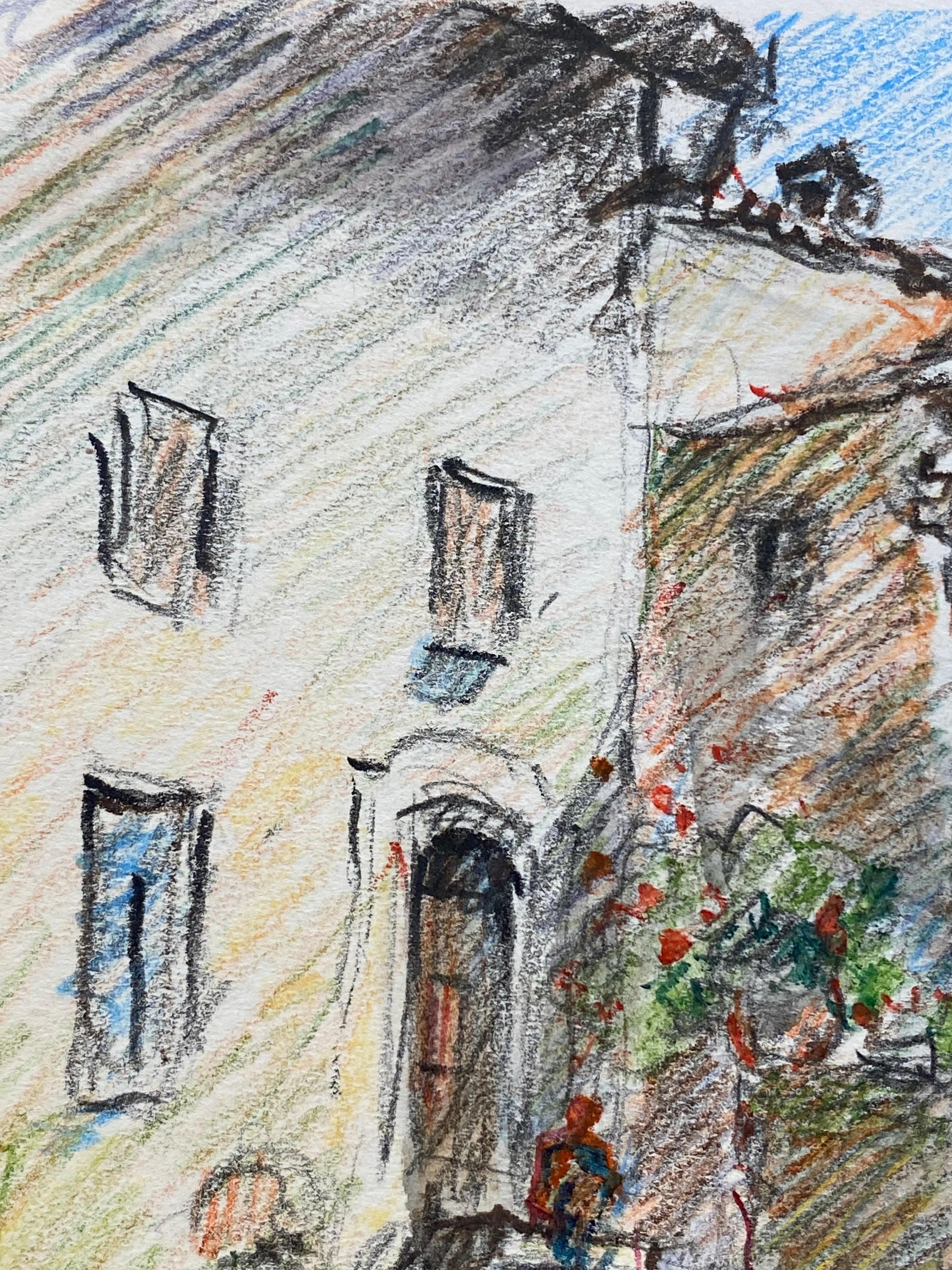 Altro Tourettes Provence Disegno a pastello impressionista francese firmato, Il vecchio villaggio in vendita