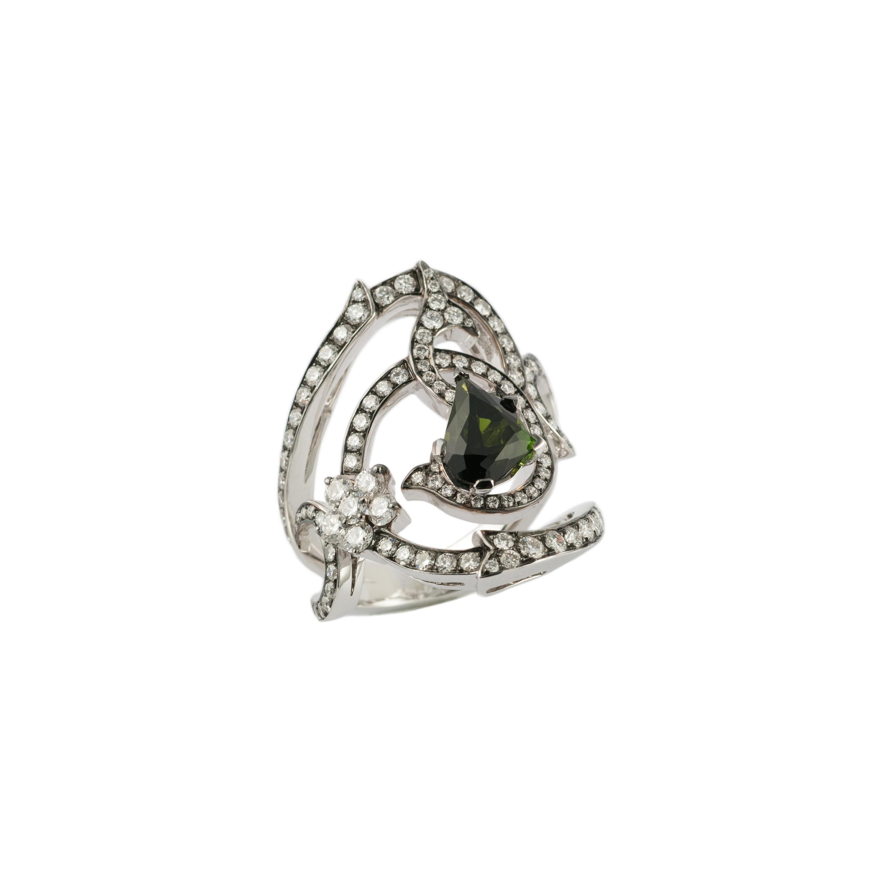 Tourmaline 1.74 Carat Diamond 18 Karat White Gold Topkapı Cocktail Ring For Sale 1