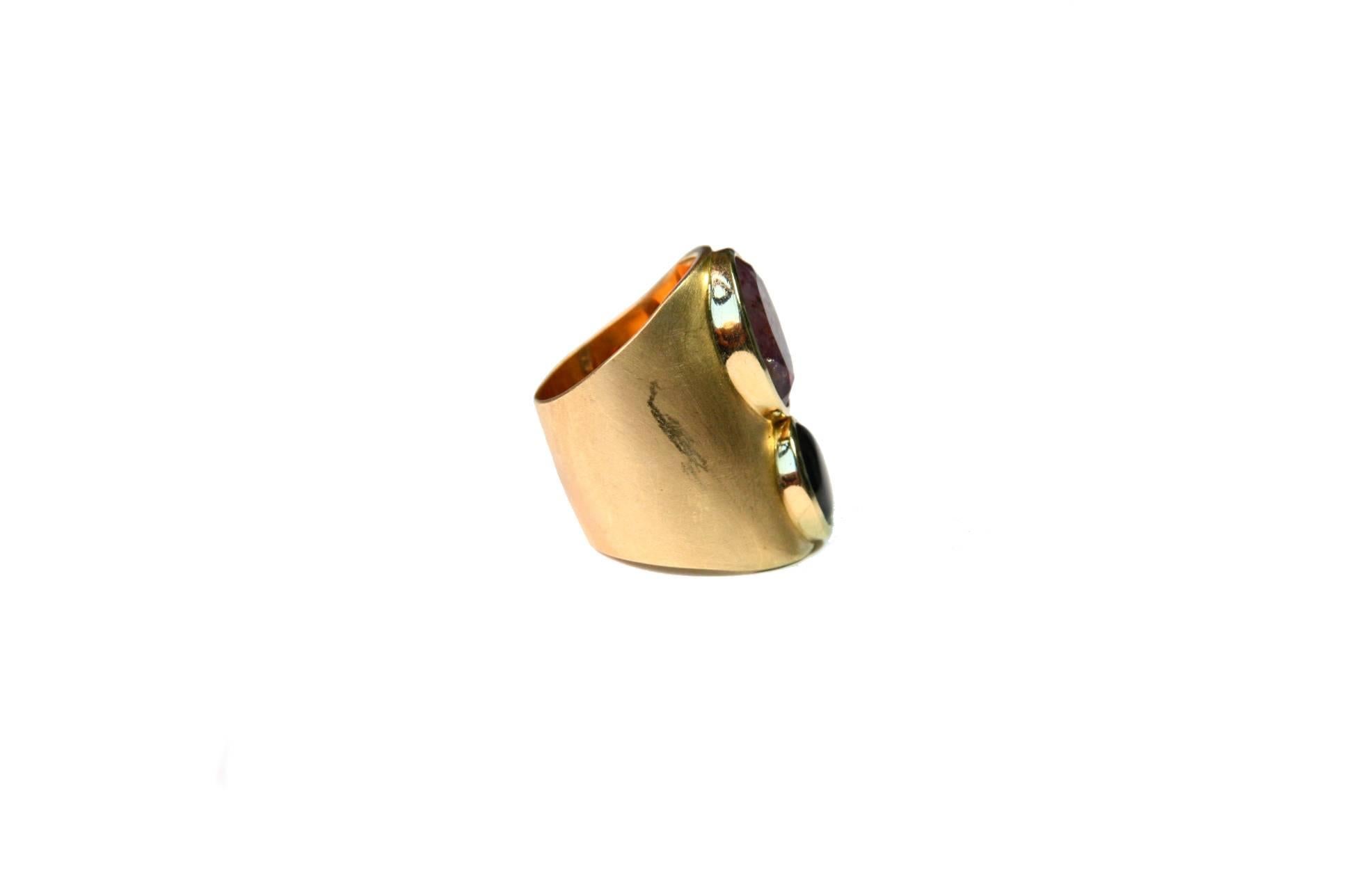 Cushion Cut Tourmaline 18 Karat Brushed Hand Made Gold Band Ring For Sale