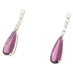 Modern 18K White Gold Vibrant Pink Tourmaline & Natural Diamond Drop Earrings