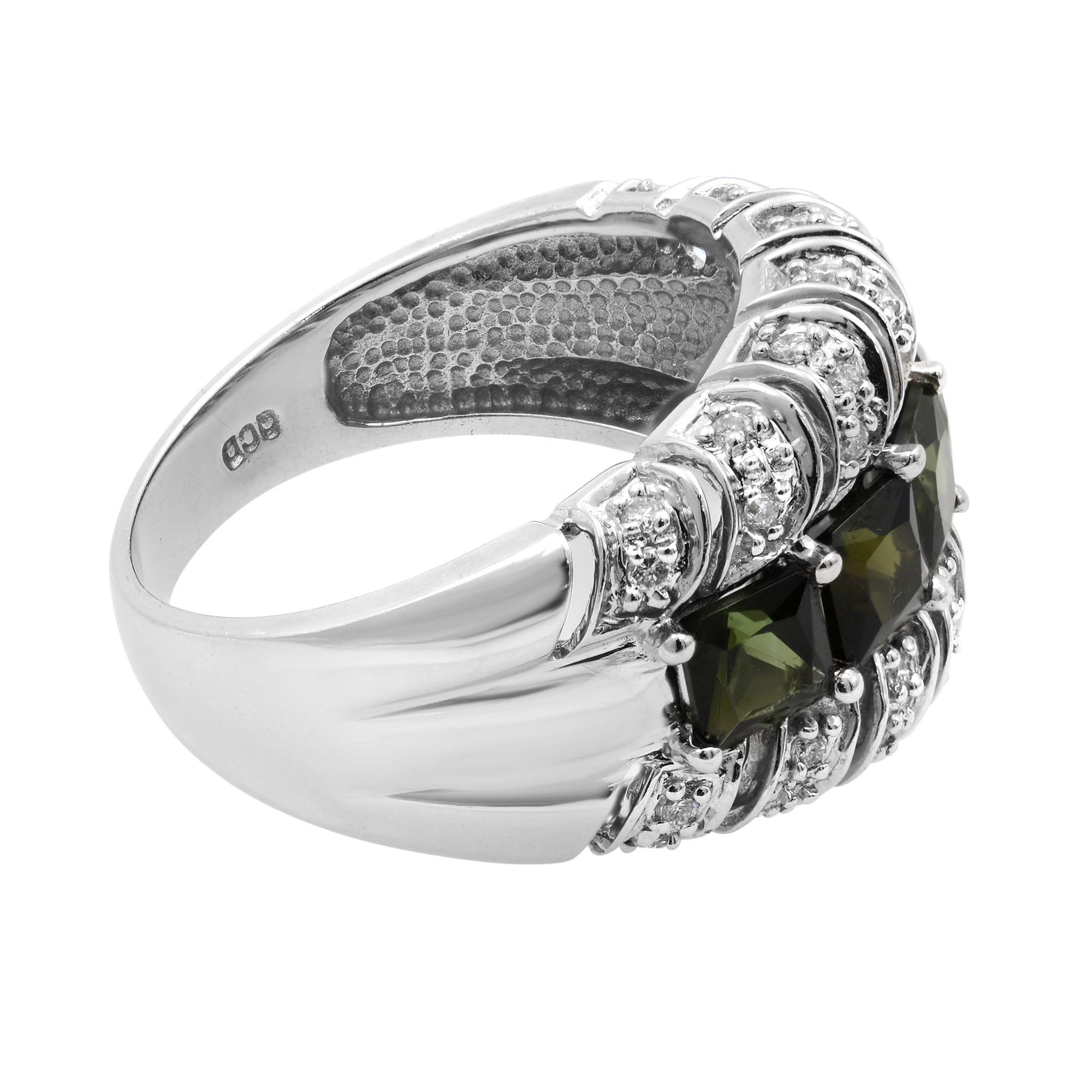 Modern Tourmaline 3.00cttw and Diamond 0.35cttw Thick Band Ring 14k White Gold For Sale