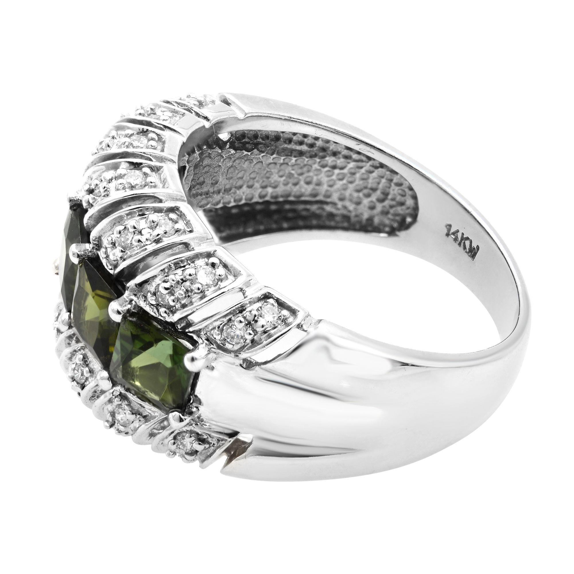 Round Cut Tourmaline 3.00cttw and Diamond 0.35cttw Thick Band Ring 14k White Gold For Sale