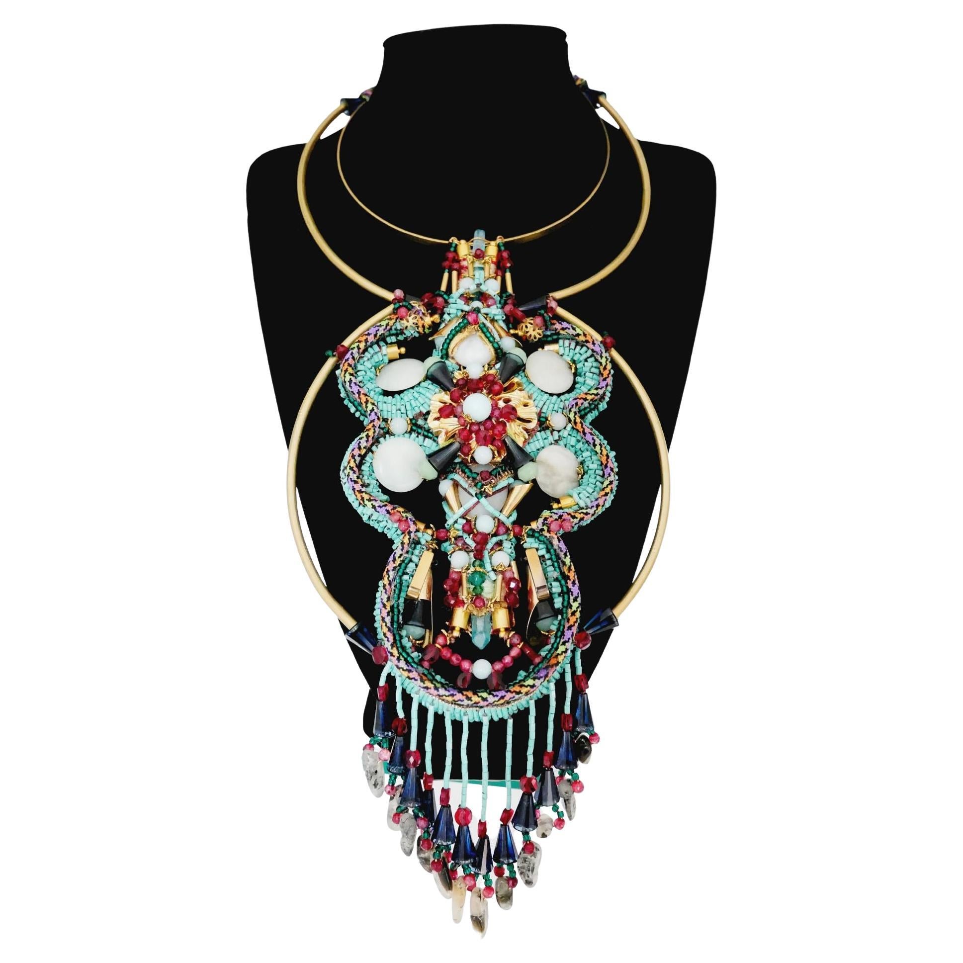 Tourmaline Amazonite Jade and Swarovski Crystal Embellished Bib Tassel  Necklace For Sale at 1stDibs
