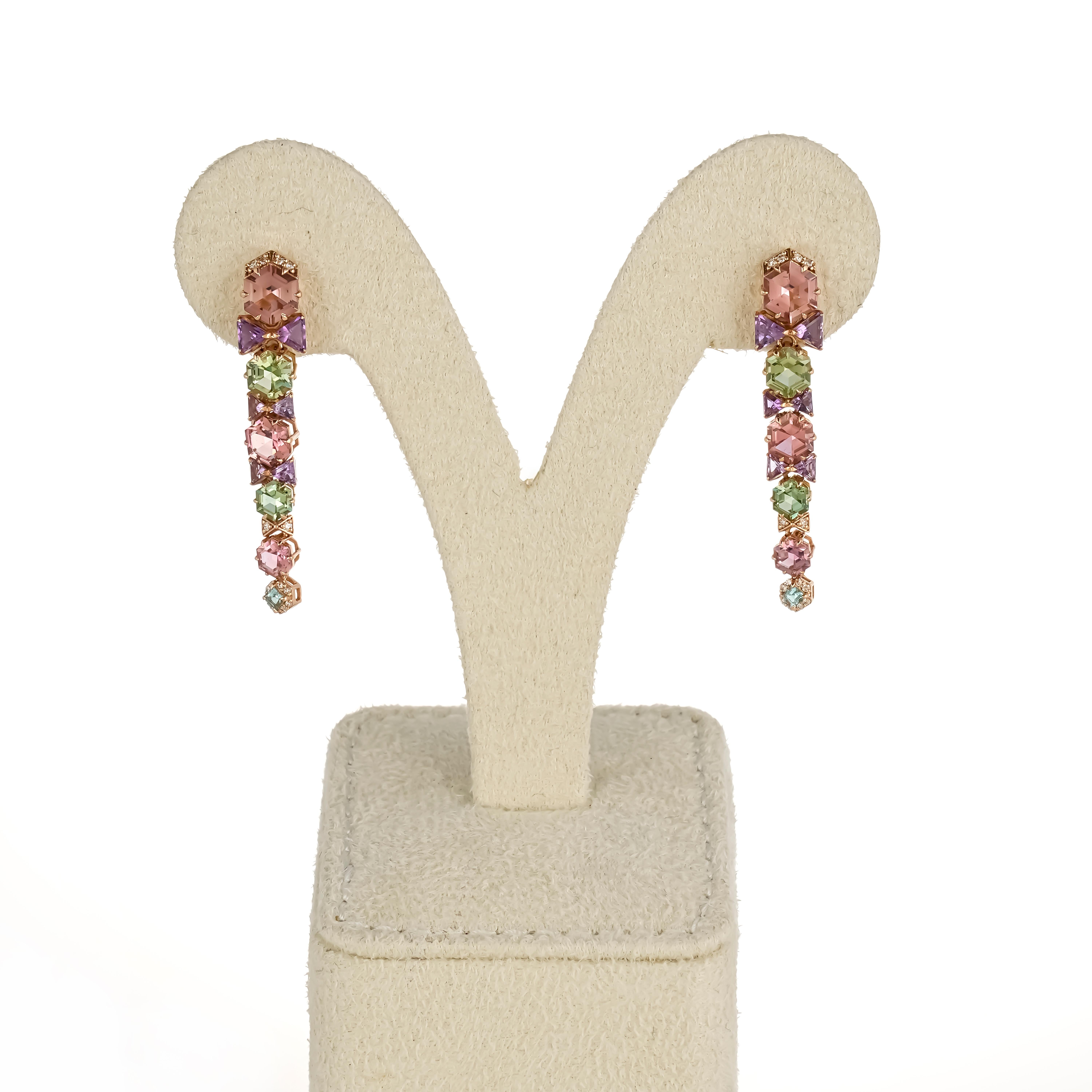A beautifully created pair of earrings, with natural gemstones set in solid 18K rose gold. The color combination of Tourmalines and Amethyst, makes these pair of earrings very unique and wearable for all occasions.

Details: 
18K Rose Gold: