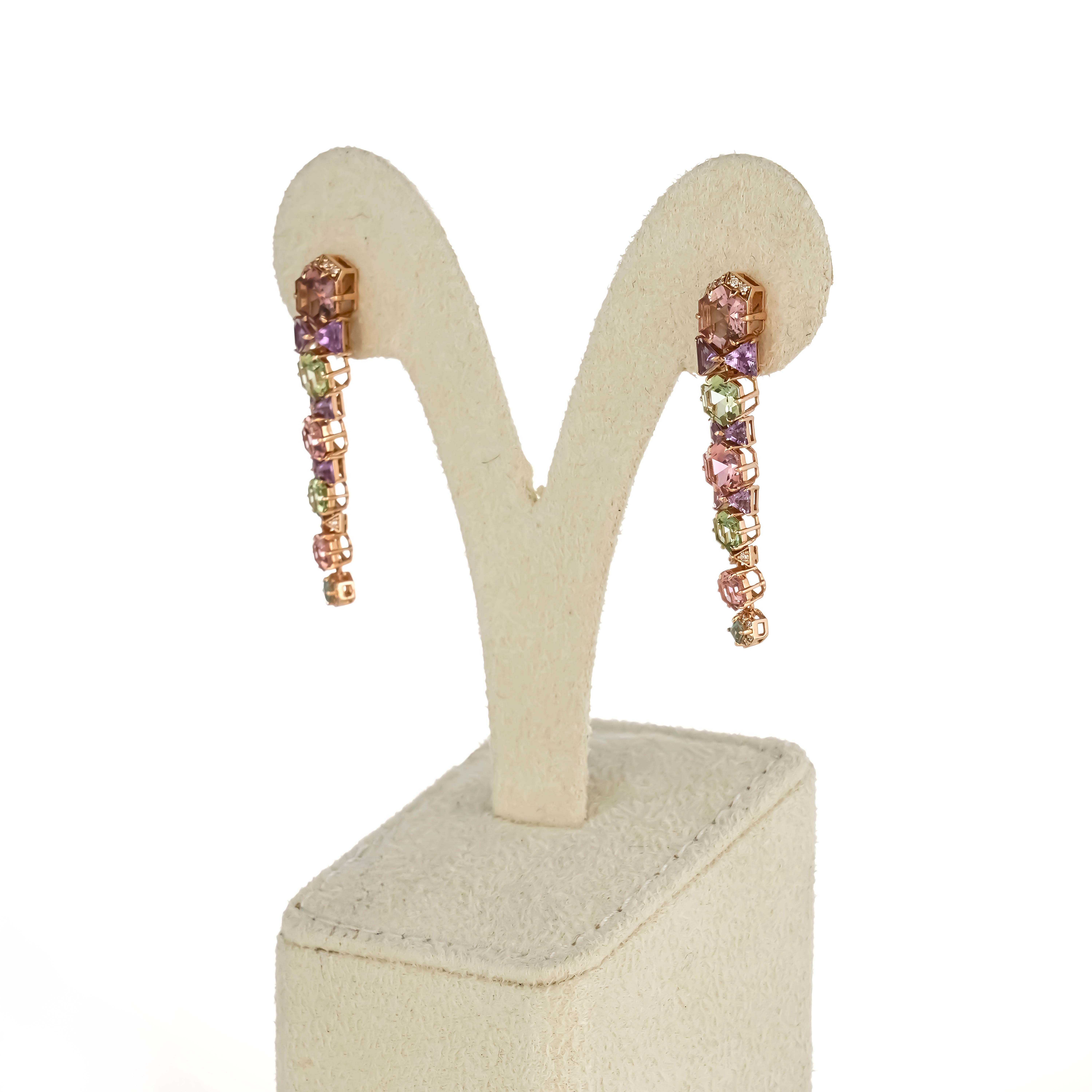Modern Tourmaline, Amethyst and Diamond Dangle Earrings in 18K Rose Gold