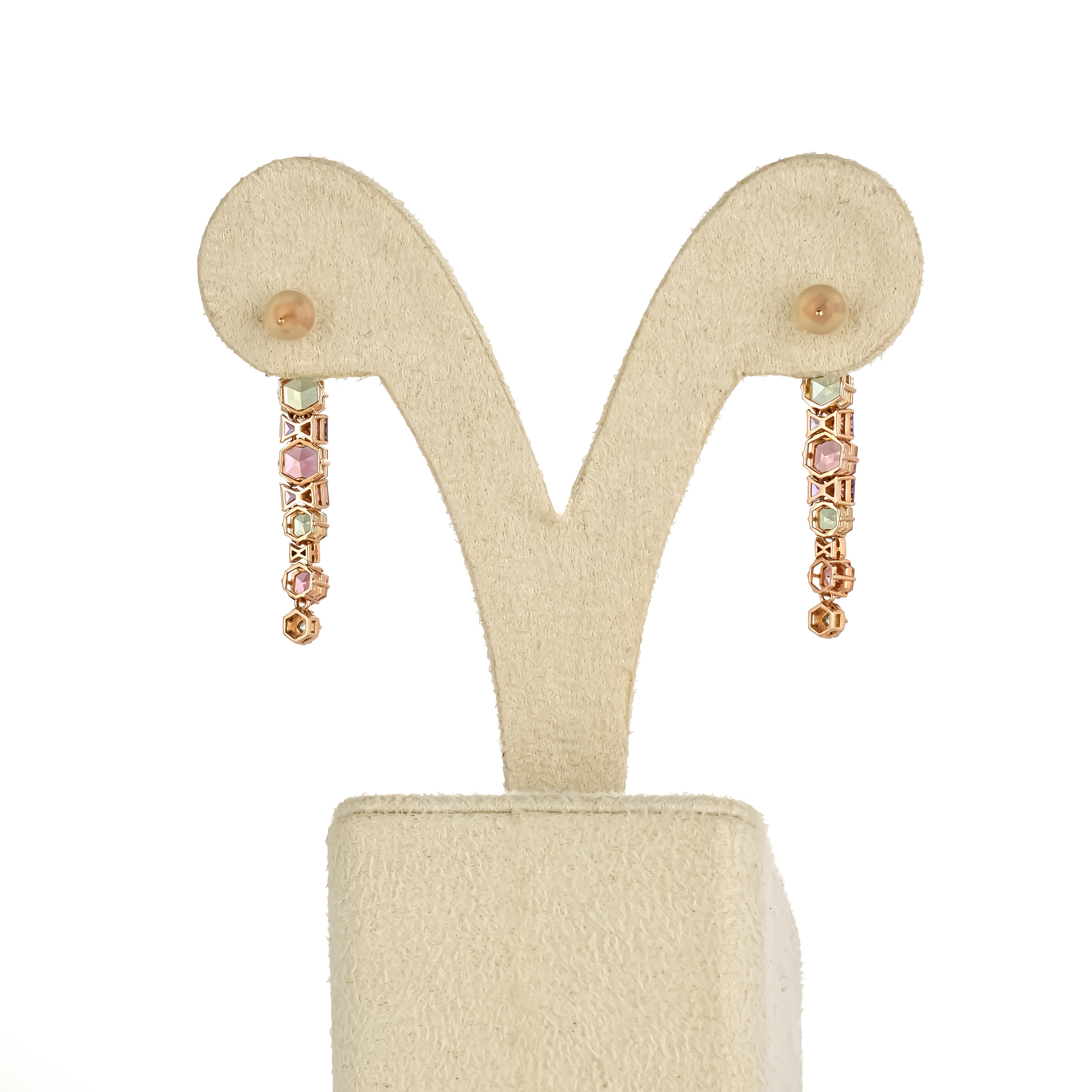 Hexagon Cut Tourmaline, Amethyst and Diamond Dangle Earrings in 18K Rose Gold