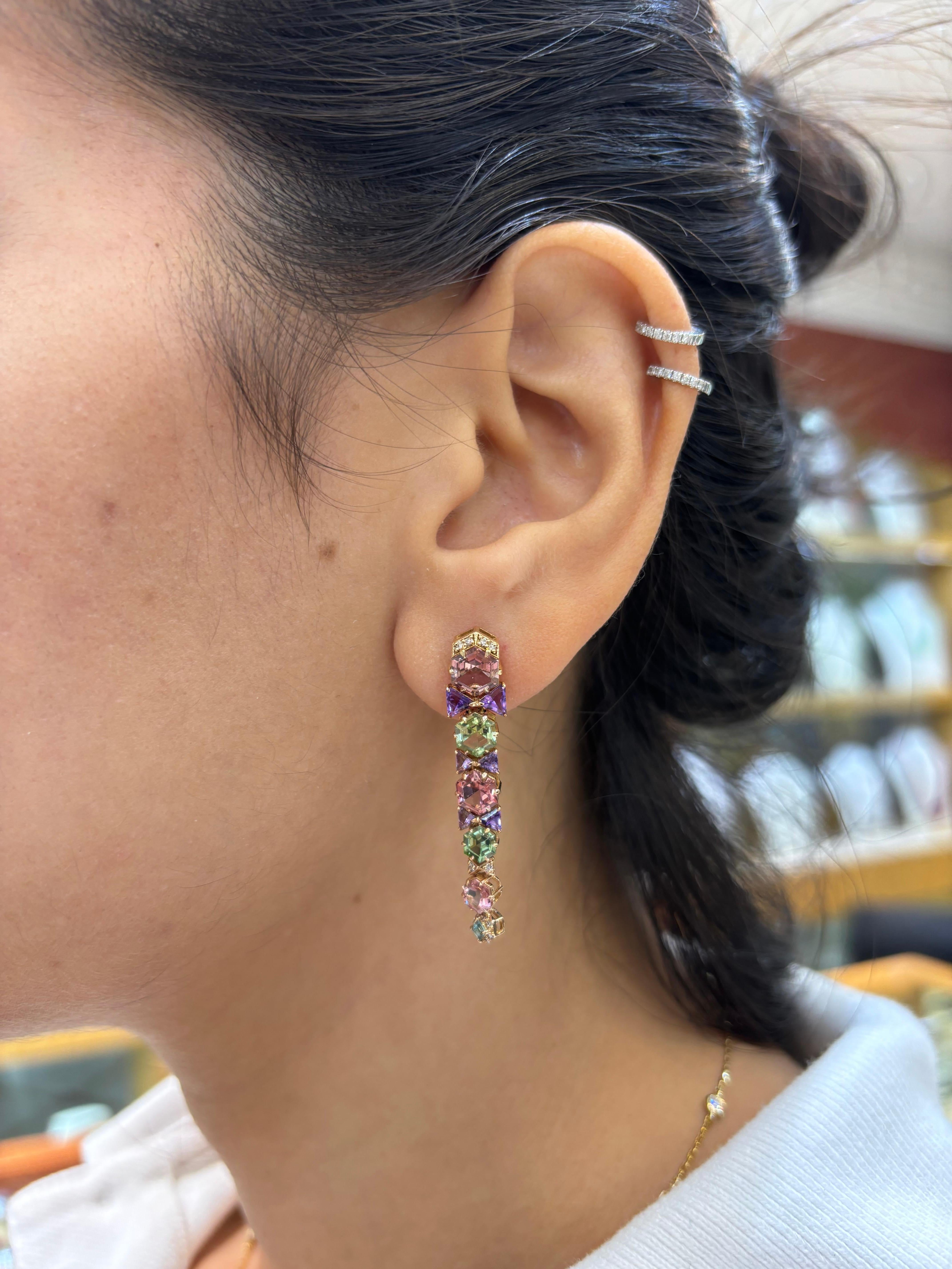 Tourmaline, Amethyst and Diamond Dangle Earrings in 18K Rose Gold In New Condition In Bangkok, Thailand