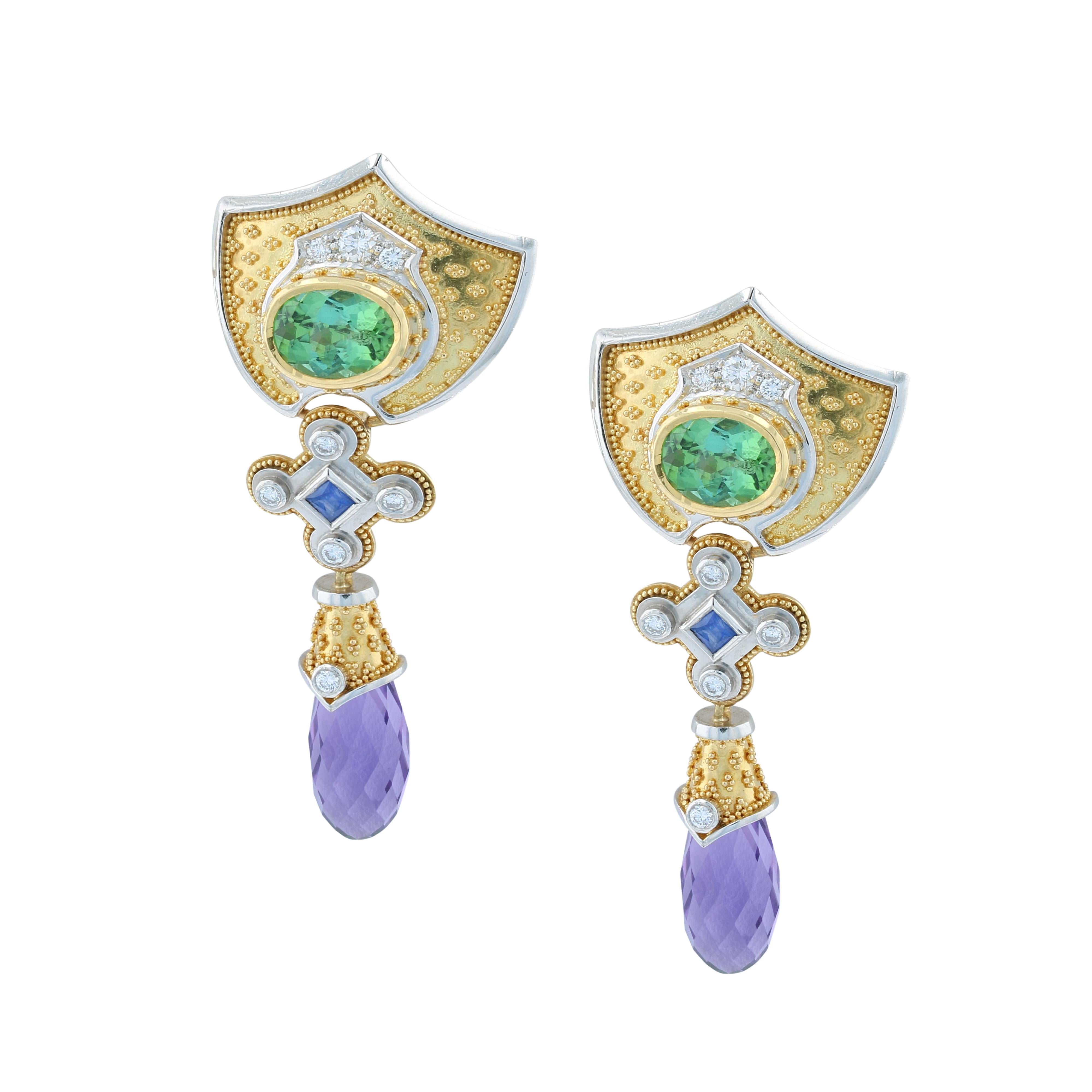 From the Kent Raible one of a kind Masterworks Collection, we present Raible's colorful Chandelier Earrings. Hand fabricated with bright Green Tourmalines, Bolivian Amethyst Briolets, Blue Sapphires and the sparkle of Diamonds, these earrings dance
