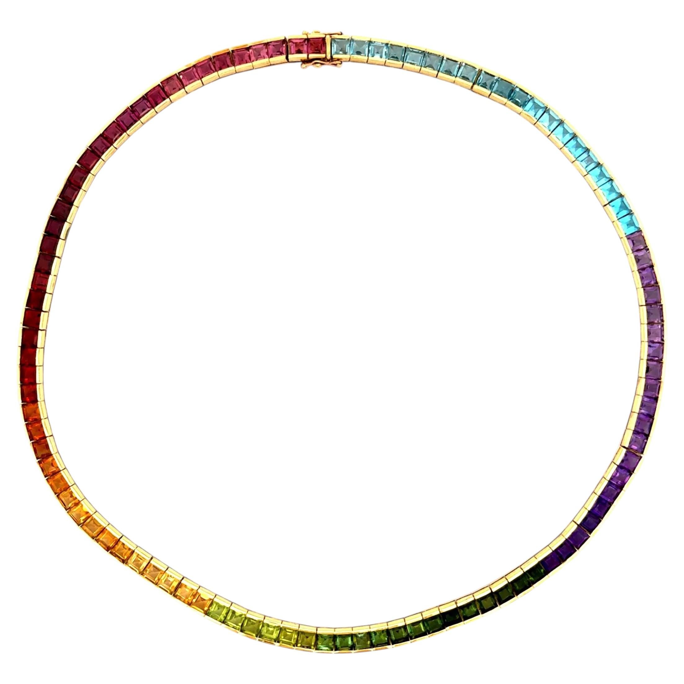 Tourmaline Amethyst Peridot Citrine Garnet and Topaz Gemstone Gold Line Necklace For Sale