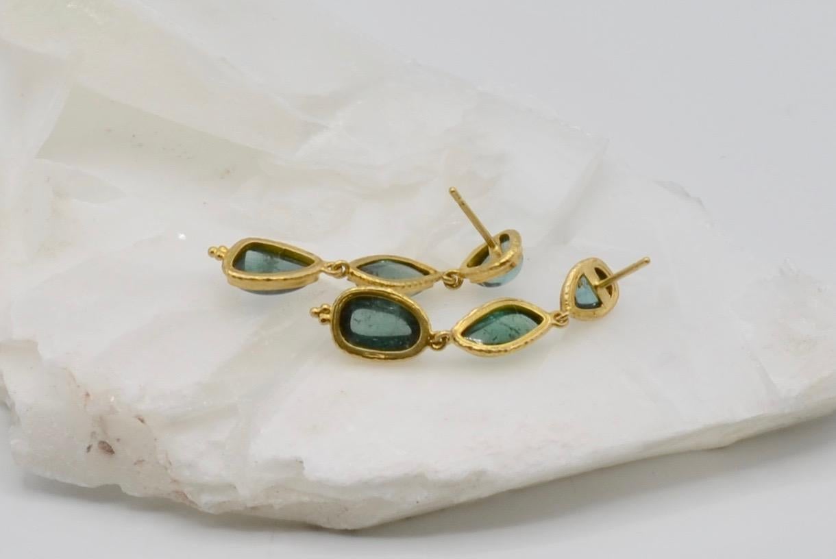 Modernist Tourmaline and 18 Karat Gold Triple Drop Cabochon Earrings For Sale