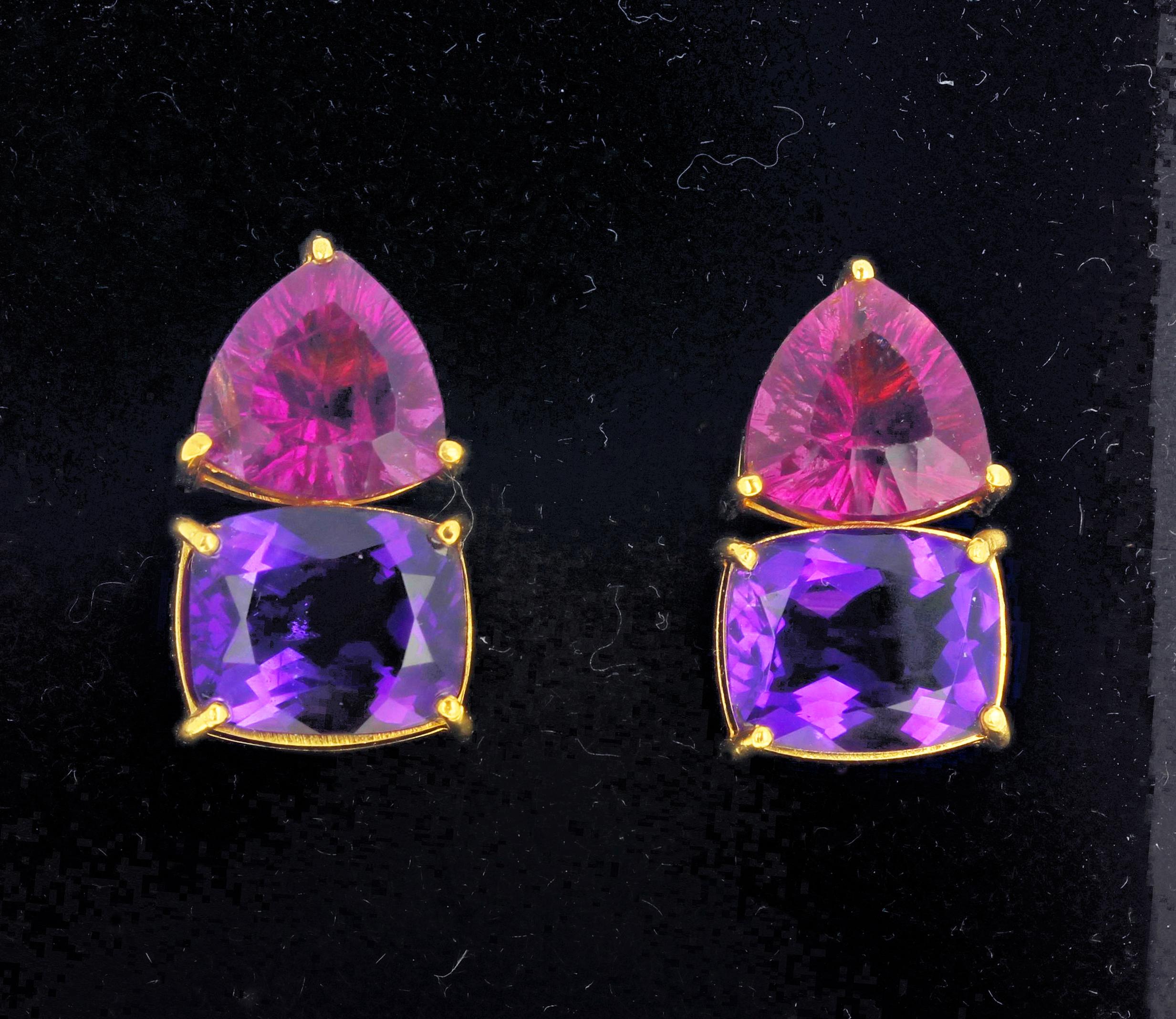Gorgeous handmade unique dark pink Tourmalines (3.10 carats each) enhance these brilliant Amethysts (3.10 carats each) set in 18kt yellow gold stud earrings. They hang approximately 20 mm. from top of Tourmaline to bottom of Amethyst.  More from