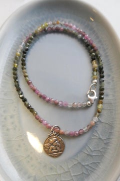 Natural Tourmaline Beaded Necklace with Angel Pendant 16 inches