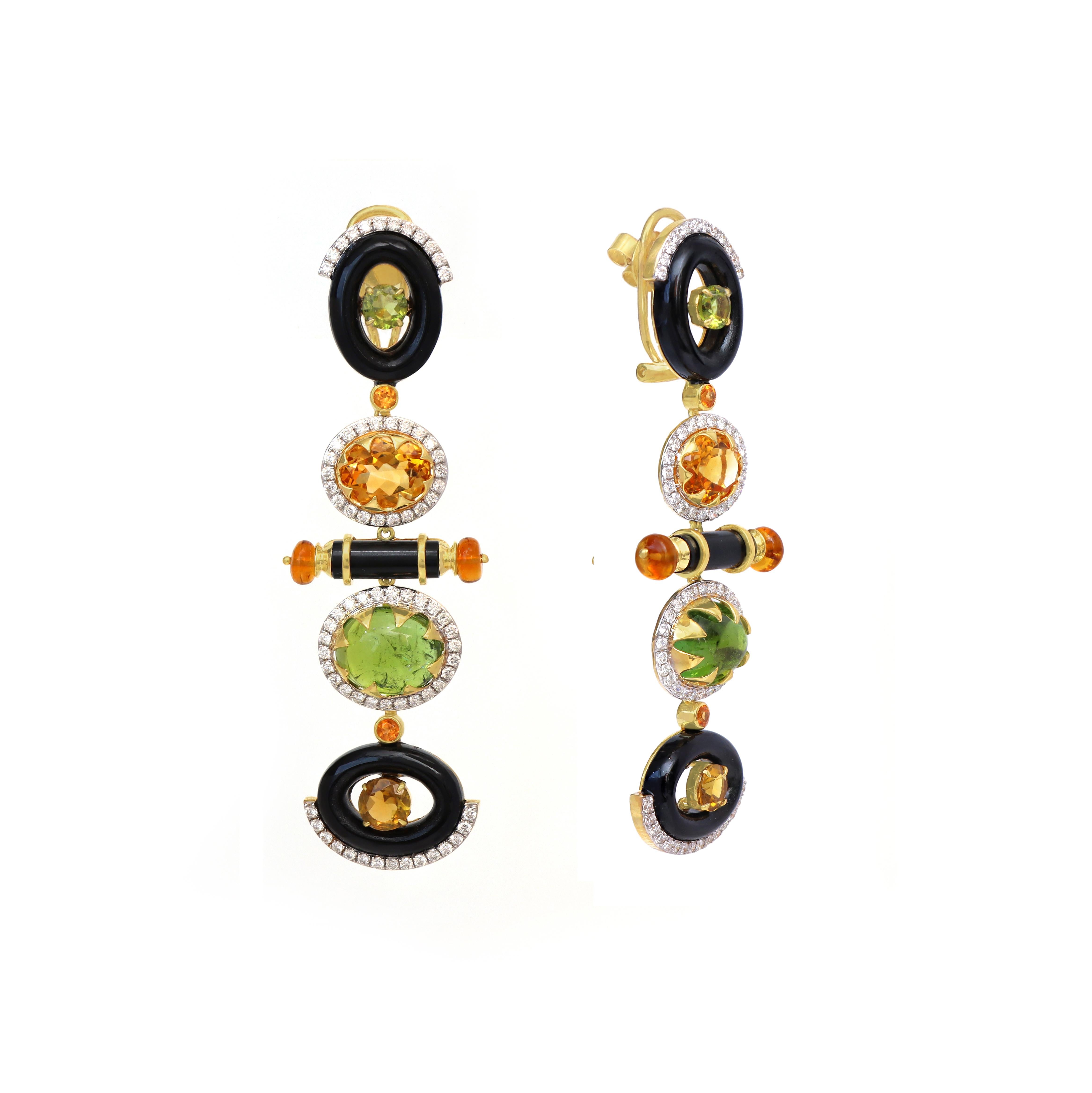 Boucles d'oreilles pendantes en or jaune 18k tourmaline et onyx noir diamants en vente 5