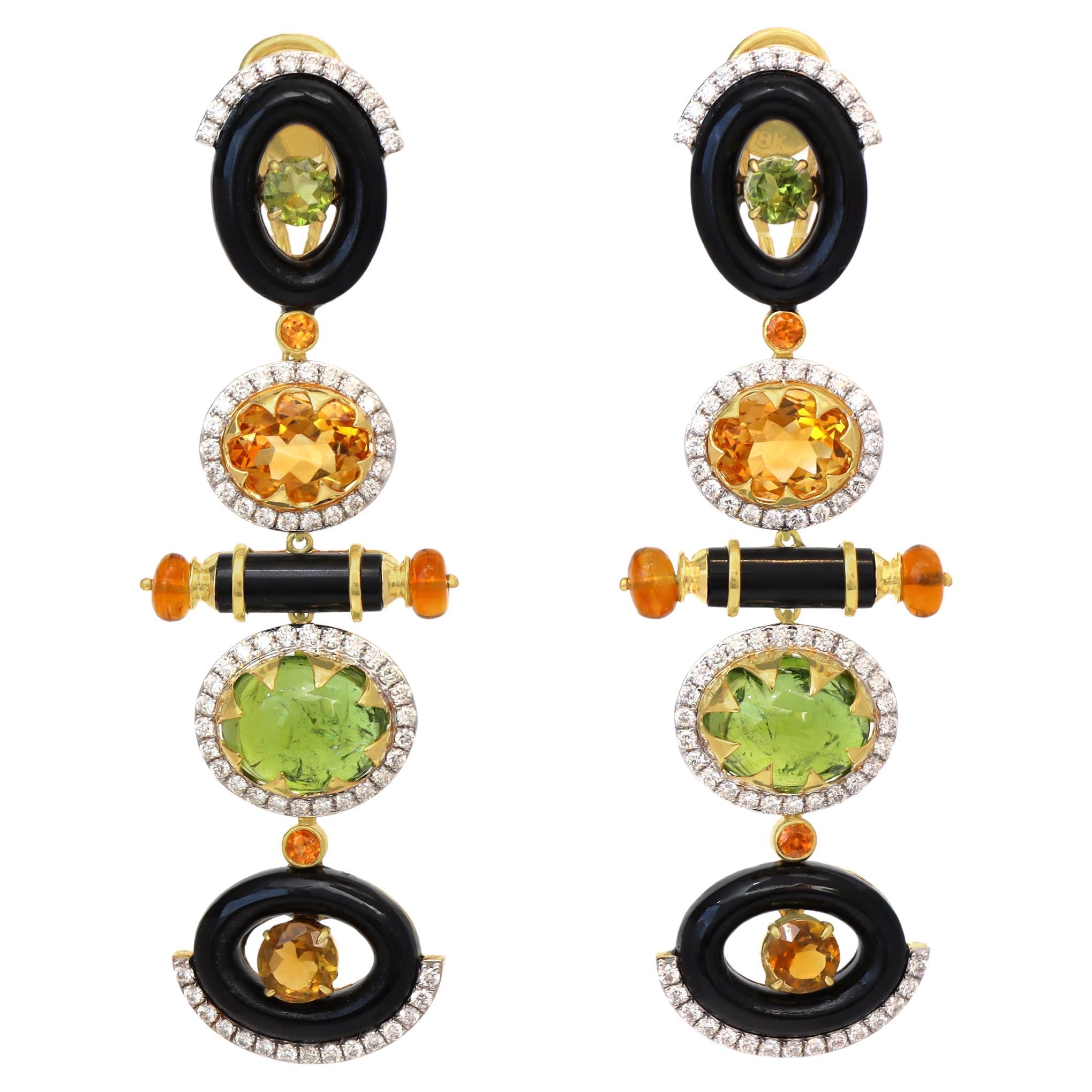 Boucles d'oreilles pendantes en or jaune 18k tourmaline et onyx noir diamants en vente