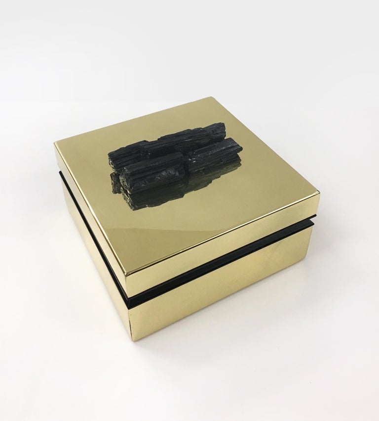 Polished Tourmaline and Brass Jewelry Deco Box
