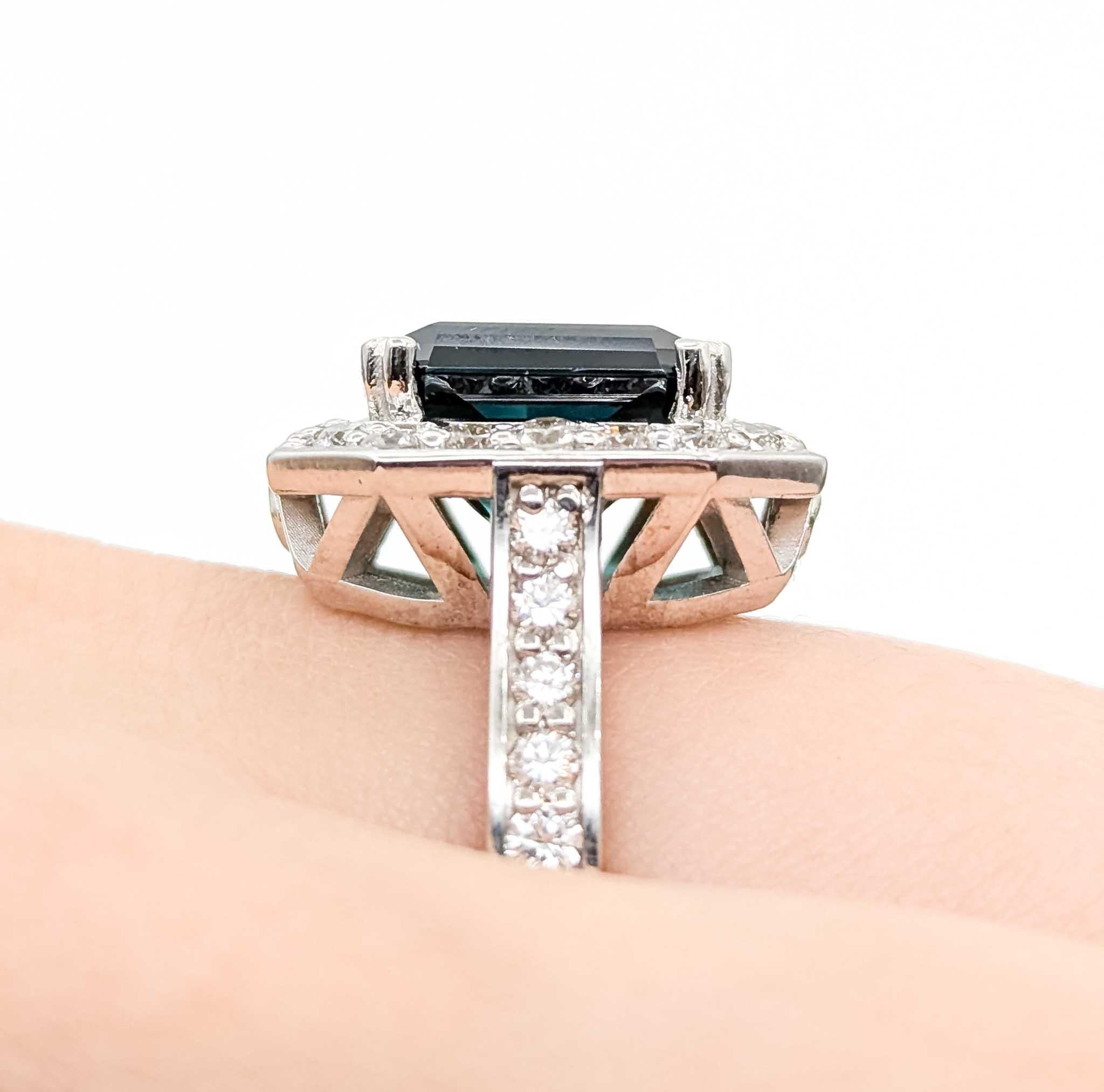 Anillo Turmalina y Diamante Oro Blanco 14K Corte esmeralda en venta