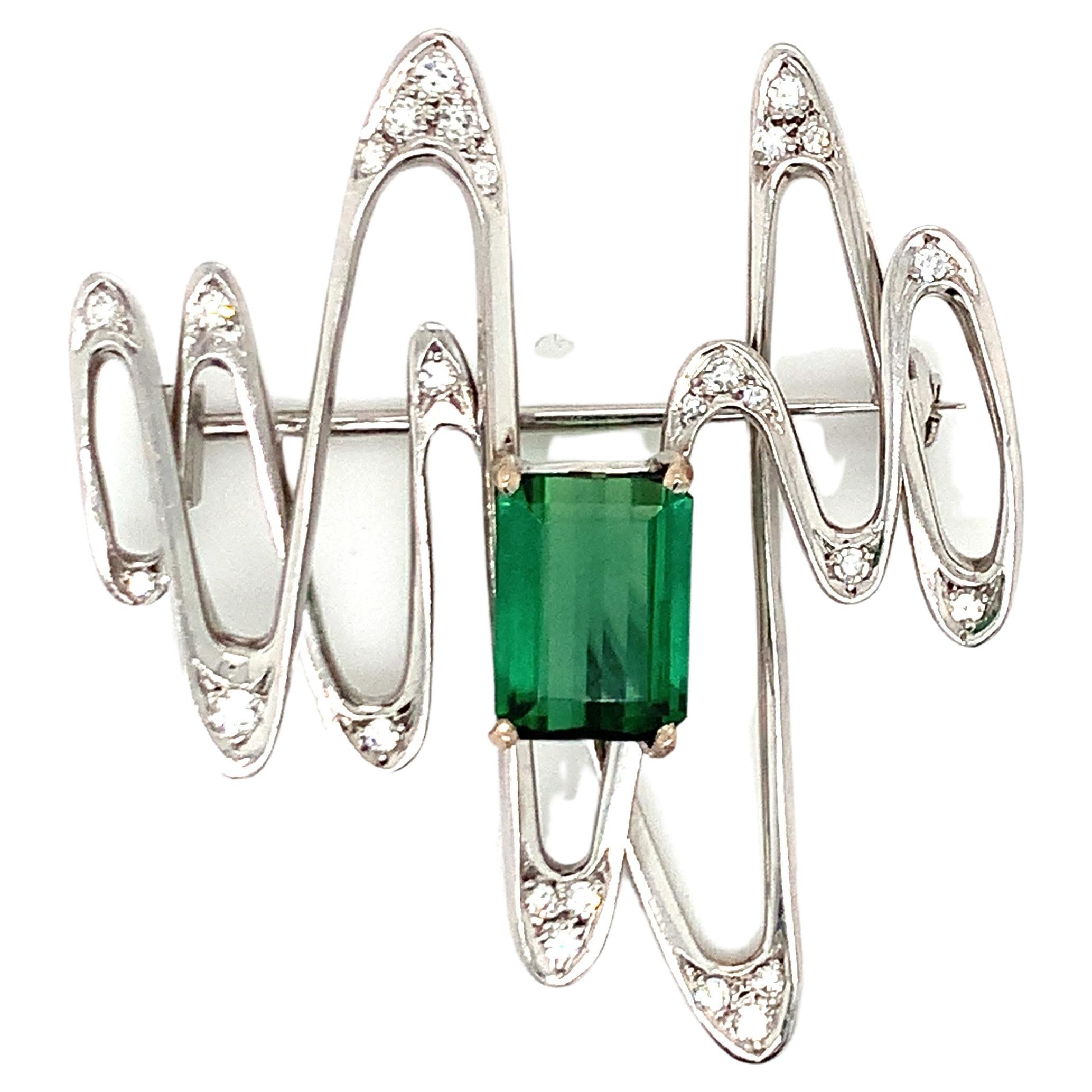 Tourmaline and Diamond 18K White Gold Brooch / Pendant For Sale
