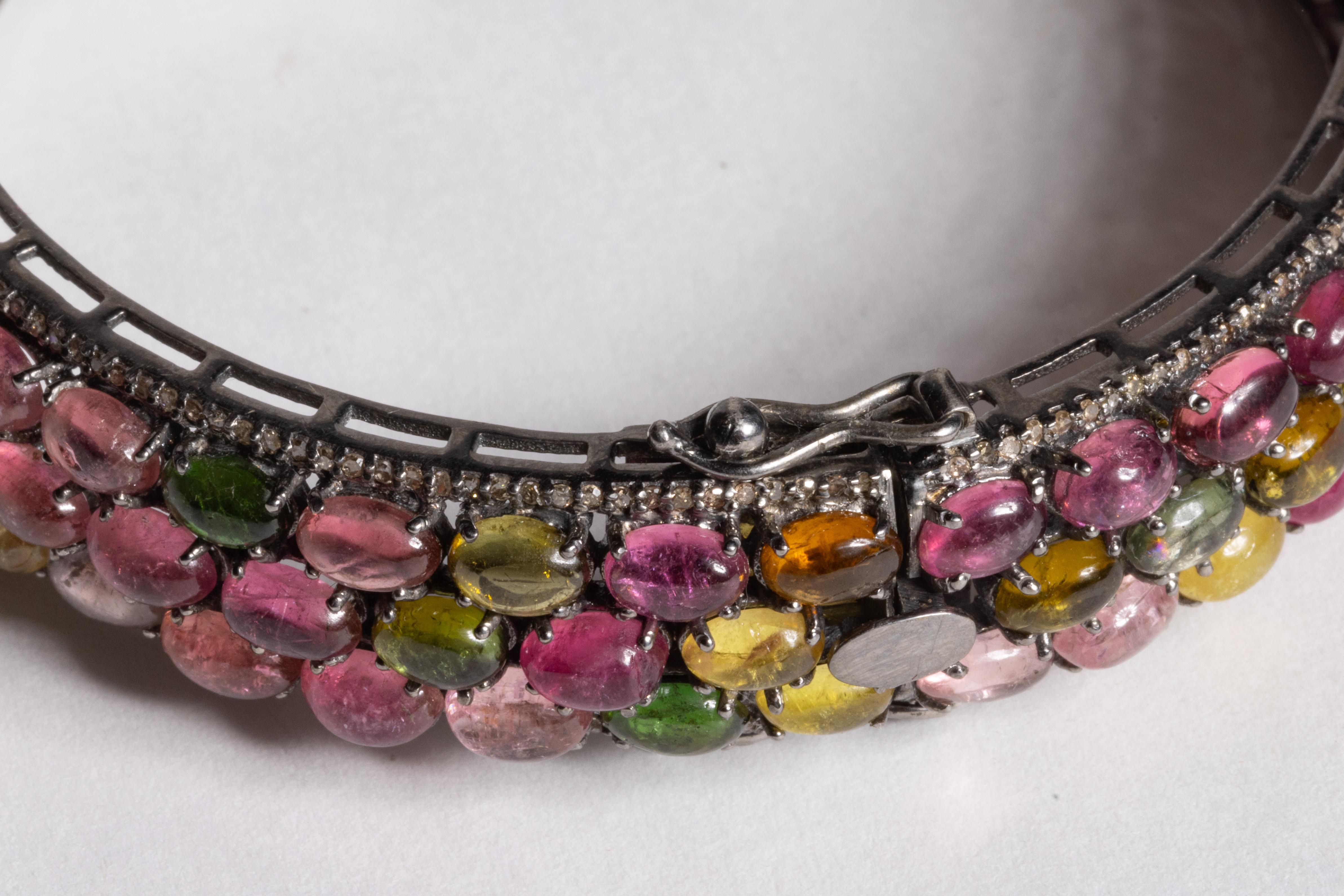 Cabochon Tourmaline and Diamond Bangle Bracelet For Sale