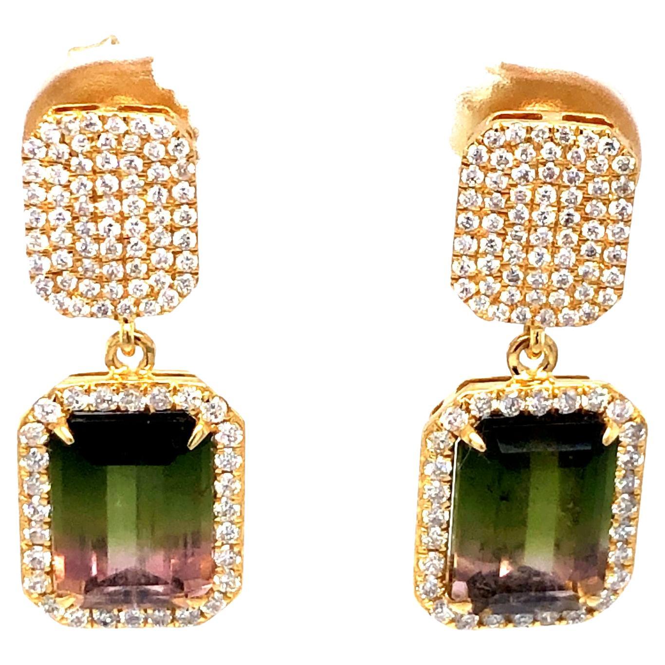 Tourmaline and Diamond Earrings 18K Yellow Gold For Sale