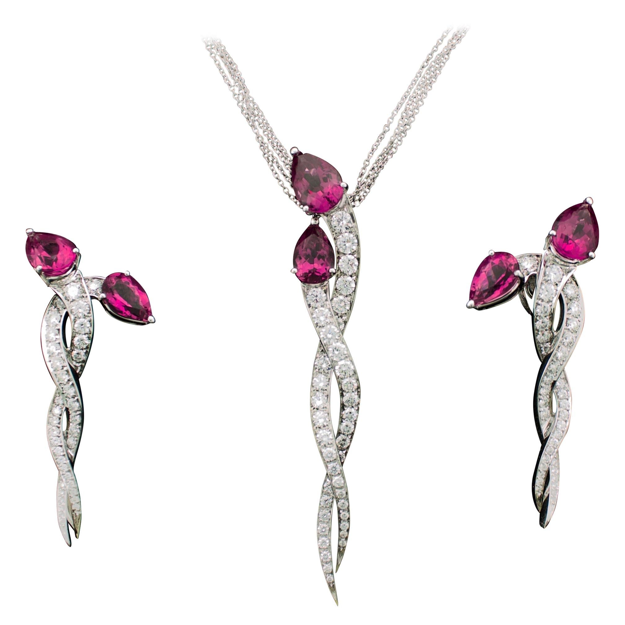Tourmaline and Diamond Necklace and Earring Set Famous Italian Designer in 18K For Sale