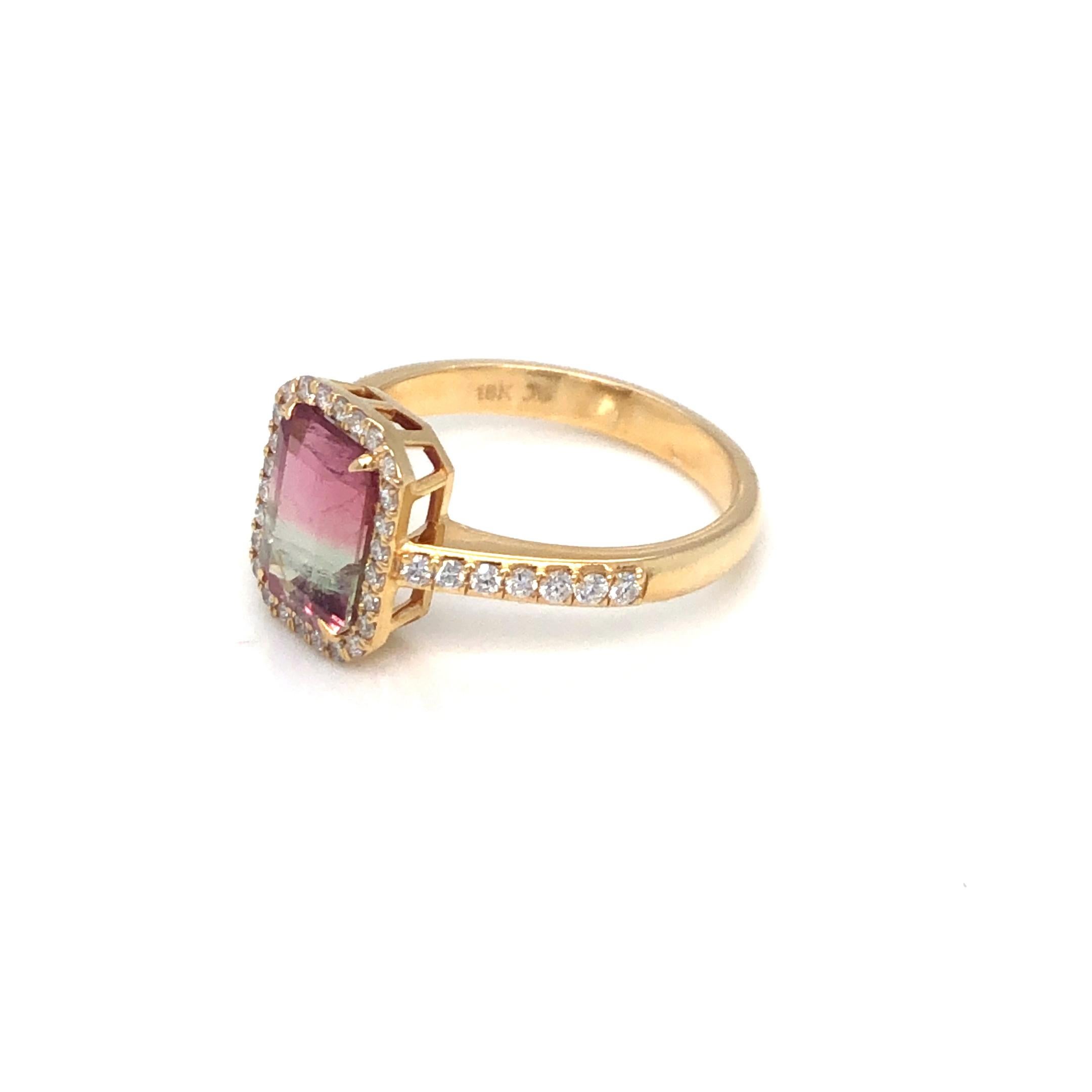 Emerald Cut Tourmaline and Diamond Ring 18K Yellow Gold For Sale