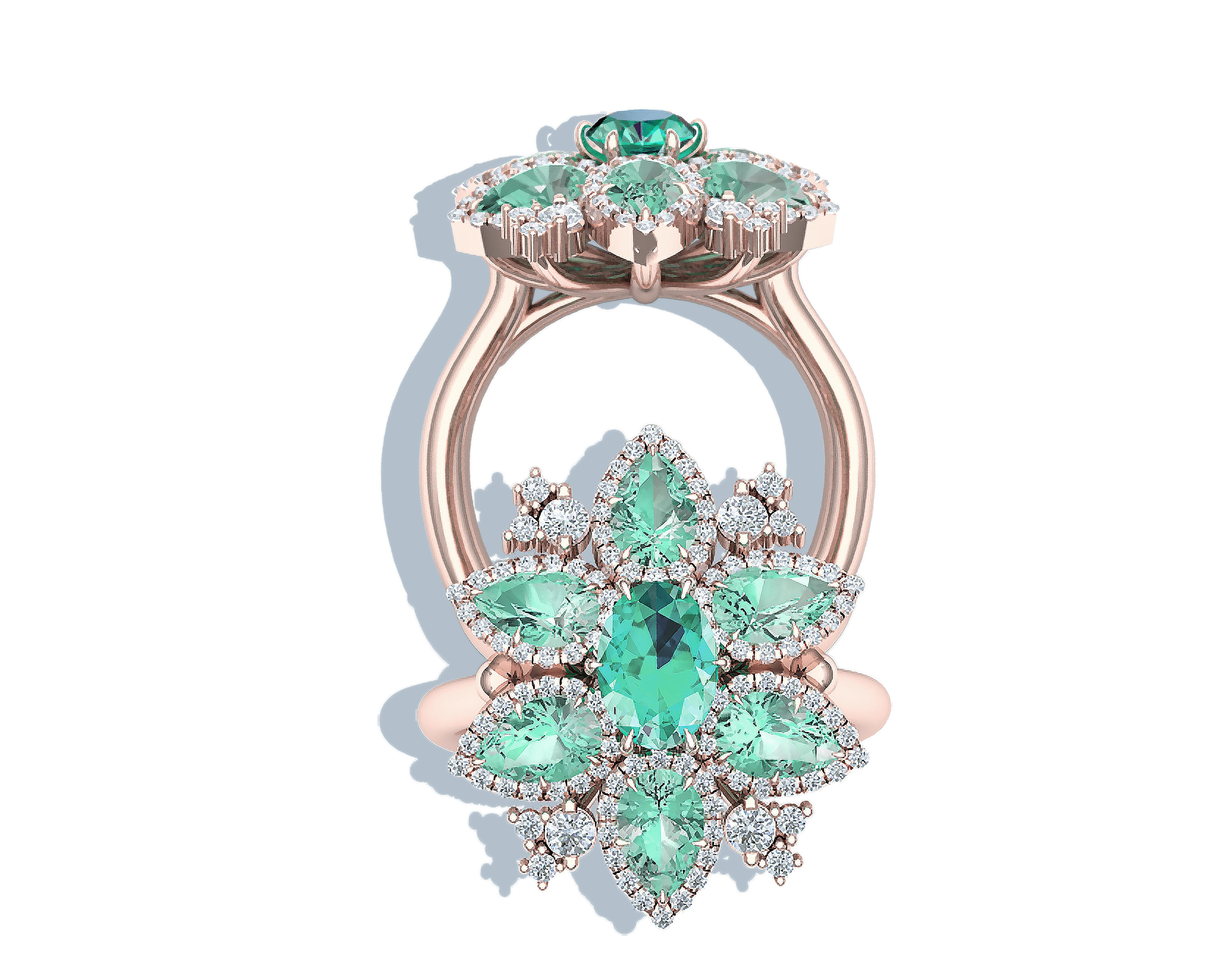 This Tourmaline and diamond ring has a beautiful display of light mint green paired with white brilliant diamonds.  This ring has a cluster display of stones set with complimentary diamond halos.  This ring is cast from 18k rose gold.  This ring has
