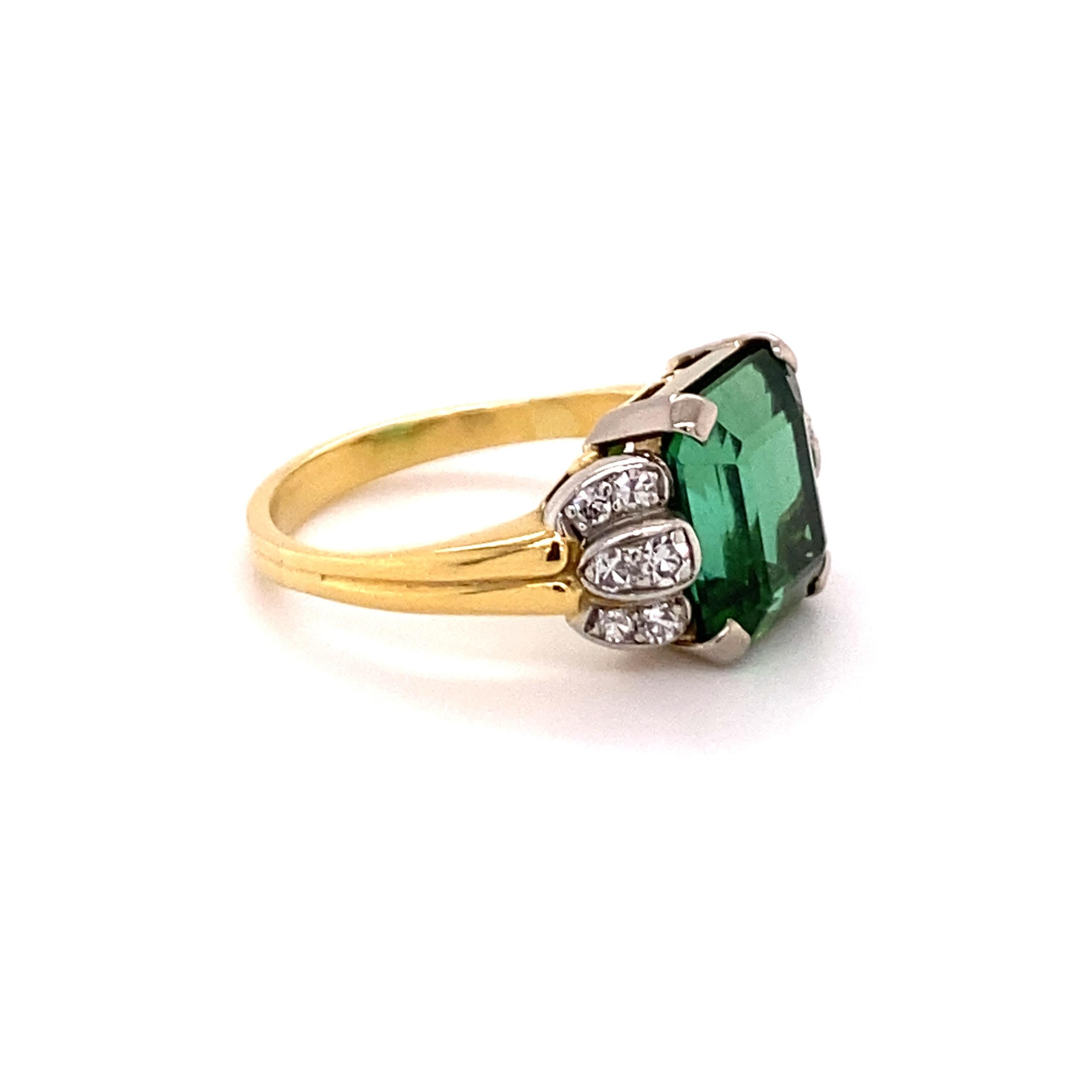 Emerald Cut Tourmaline and Diamond Ring in 18 Karat Yellow Gold and White Gold