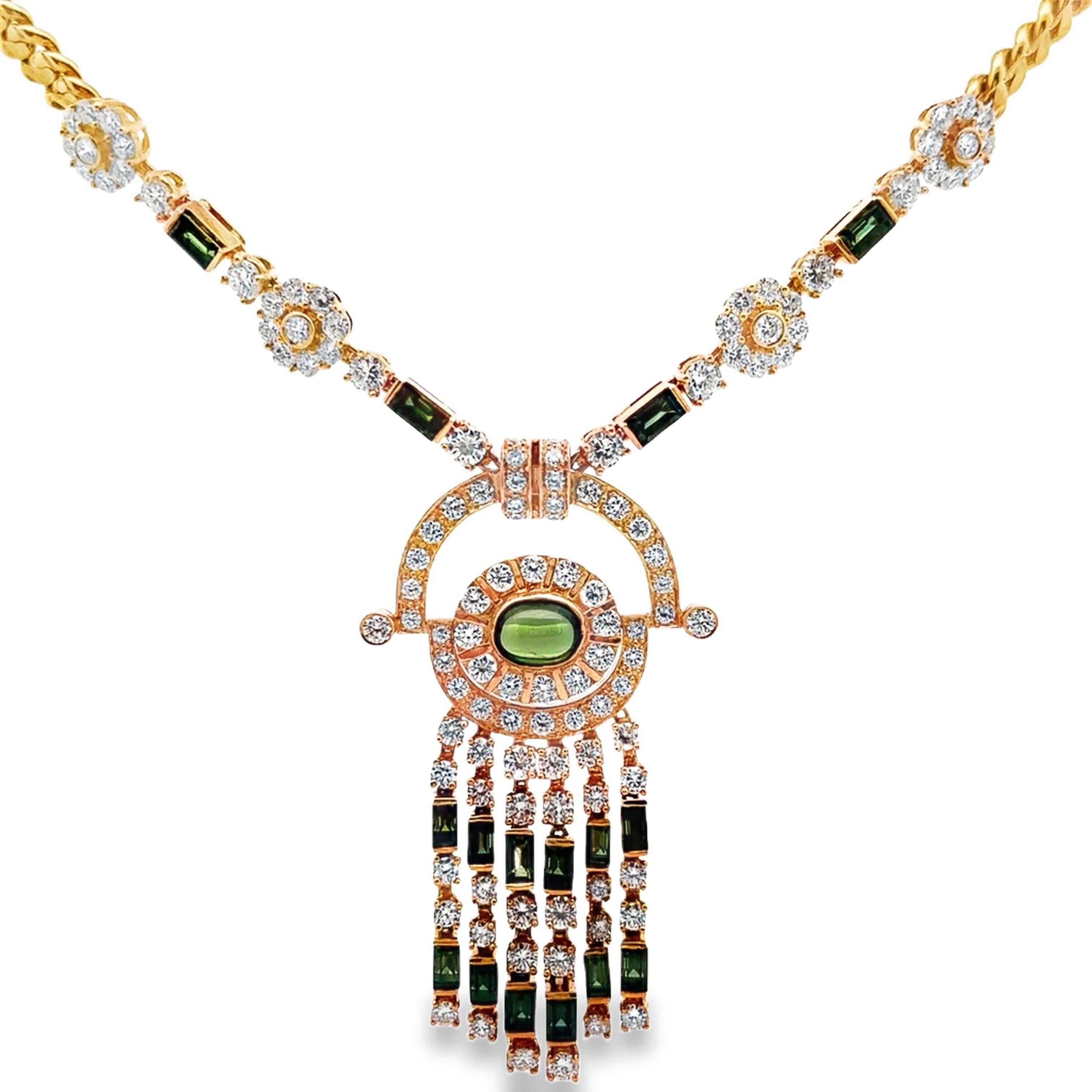 Tourmaline and Diamond Tassel Necklace

A yellow gold link necklace set with round cut diamonds.. The pendant is set with baguette-cut tourmalines, round-cut diamonds, and a cabochon tourmaline.

Approximate Diamond Weight: 5.52 carats
Approximate