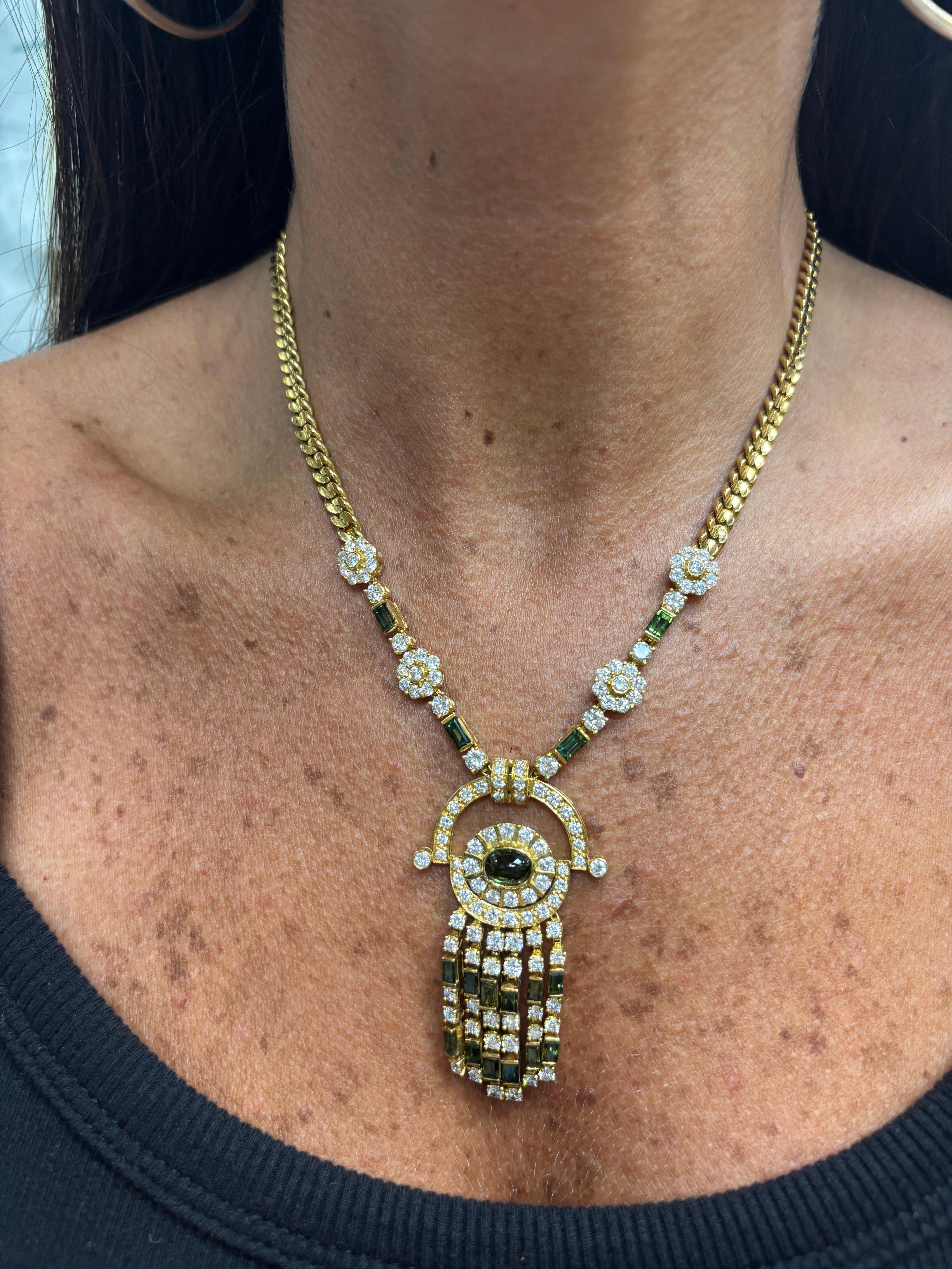 Mixed Cut Tourmaline and Diamond Tassel Necklace For Sale