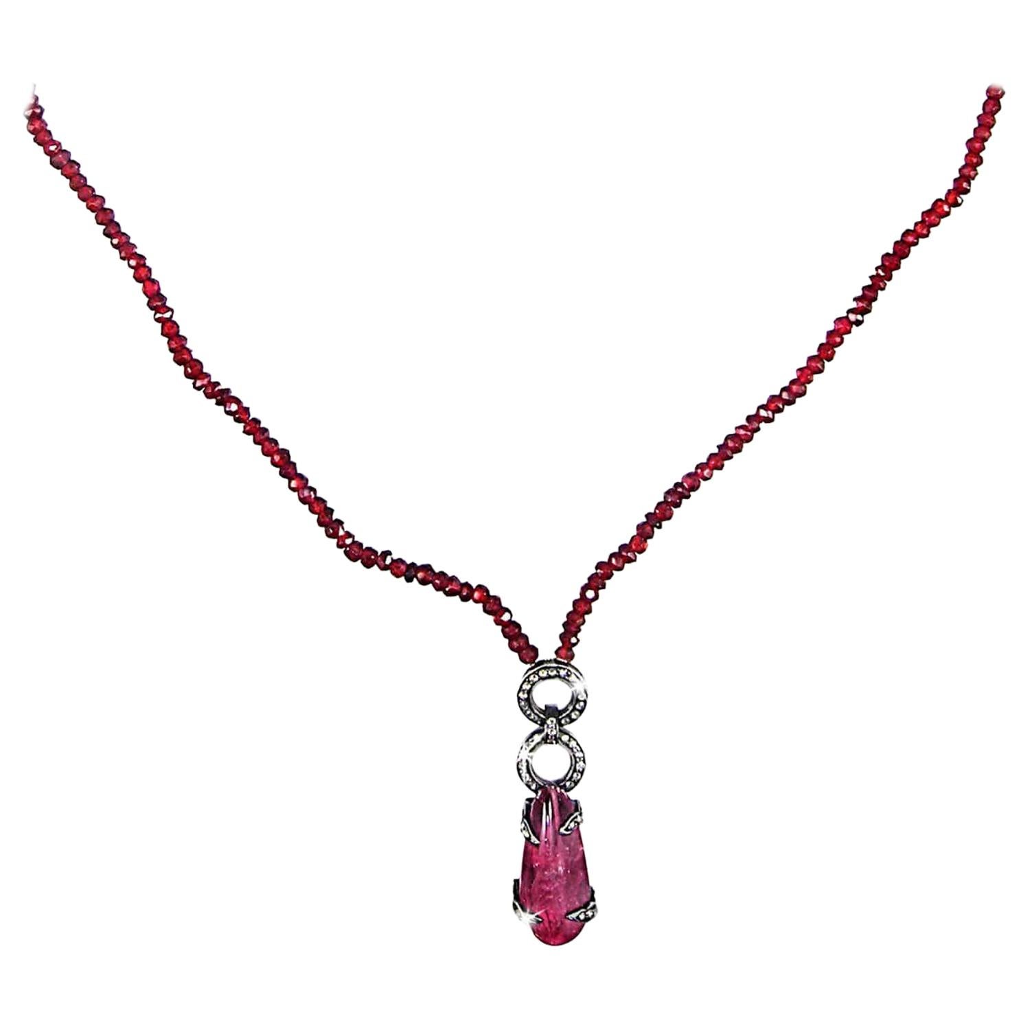 Pink Tourmaline & Diamond Garnet Chain  Necklace