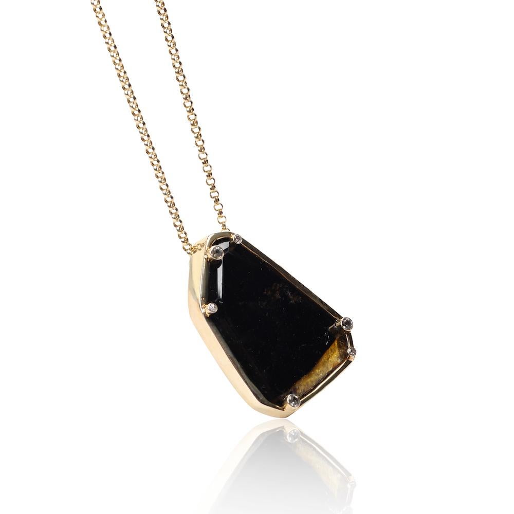 Round Cut Black Tourmaline and Diamond Gold Plated Pendant Necklace by Cristina Ramella For Sale