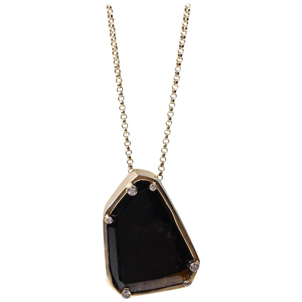 Black Tourmaline and Diamond Gold Plated Pendant Necklace by Cristina Ramella For Sale