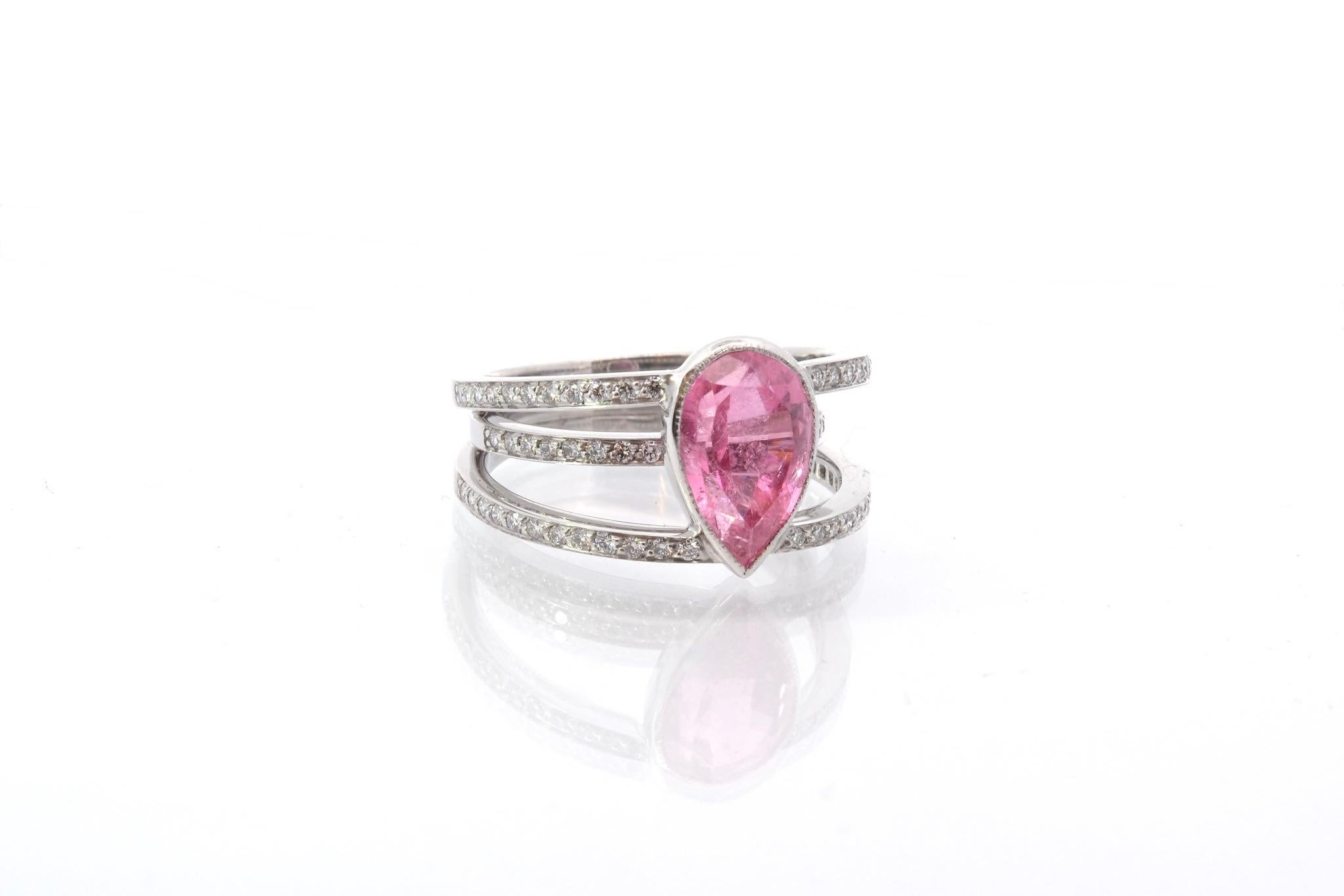 Pear Cut Tourmaline and diamonds ring in 18k white gold For Sale