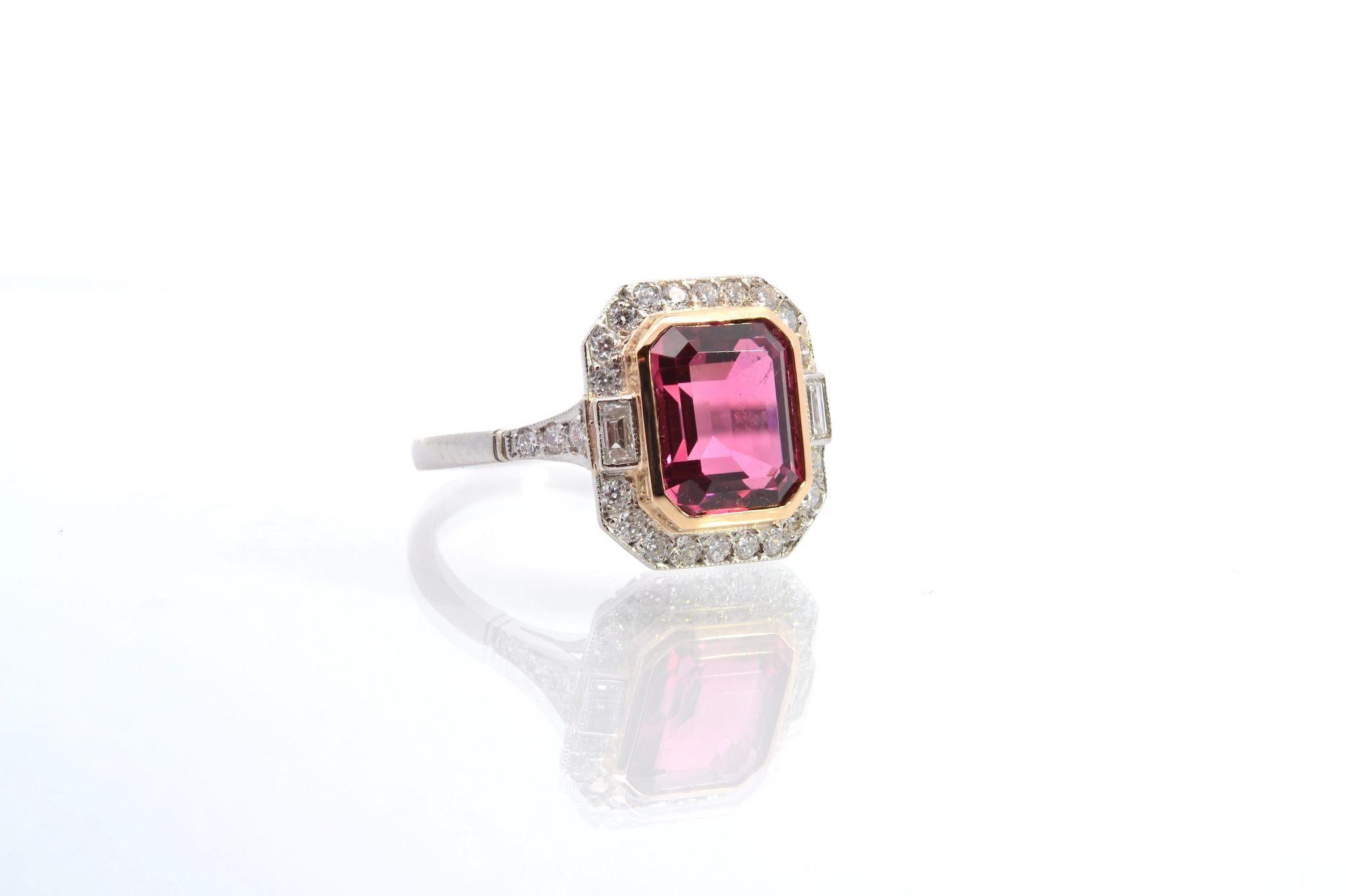 Antique Cushion Cut Tourmaline and diamonds ring in platinum For Sale