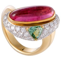 Vintage Tourmaline and Pave Diamond Gold Cocktail Ring