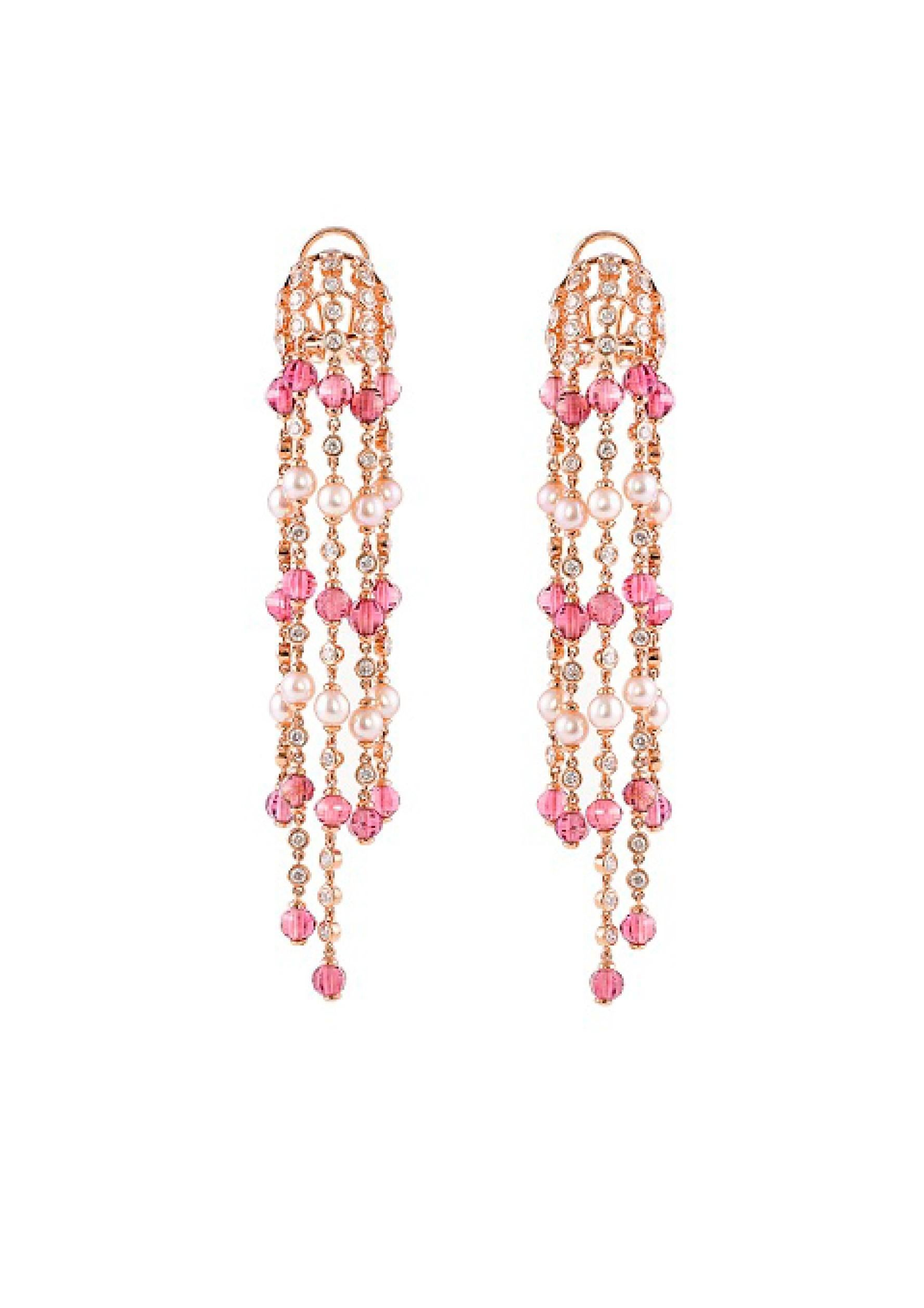 Contemporary Tourmaline and Pearl Dangle Earring in 14 Karat Rose Gold For Sale