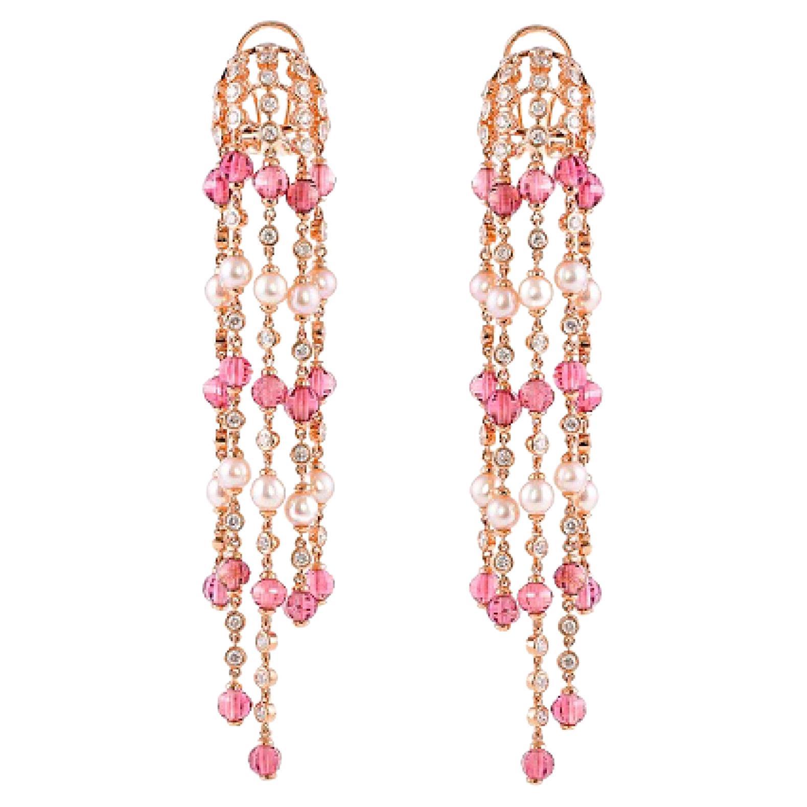 Tourmaline and Pearl Dangle Earring in 14 Karat Rose Gold For Sale