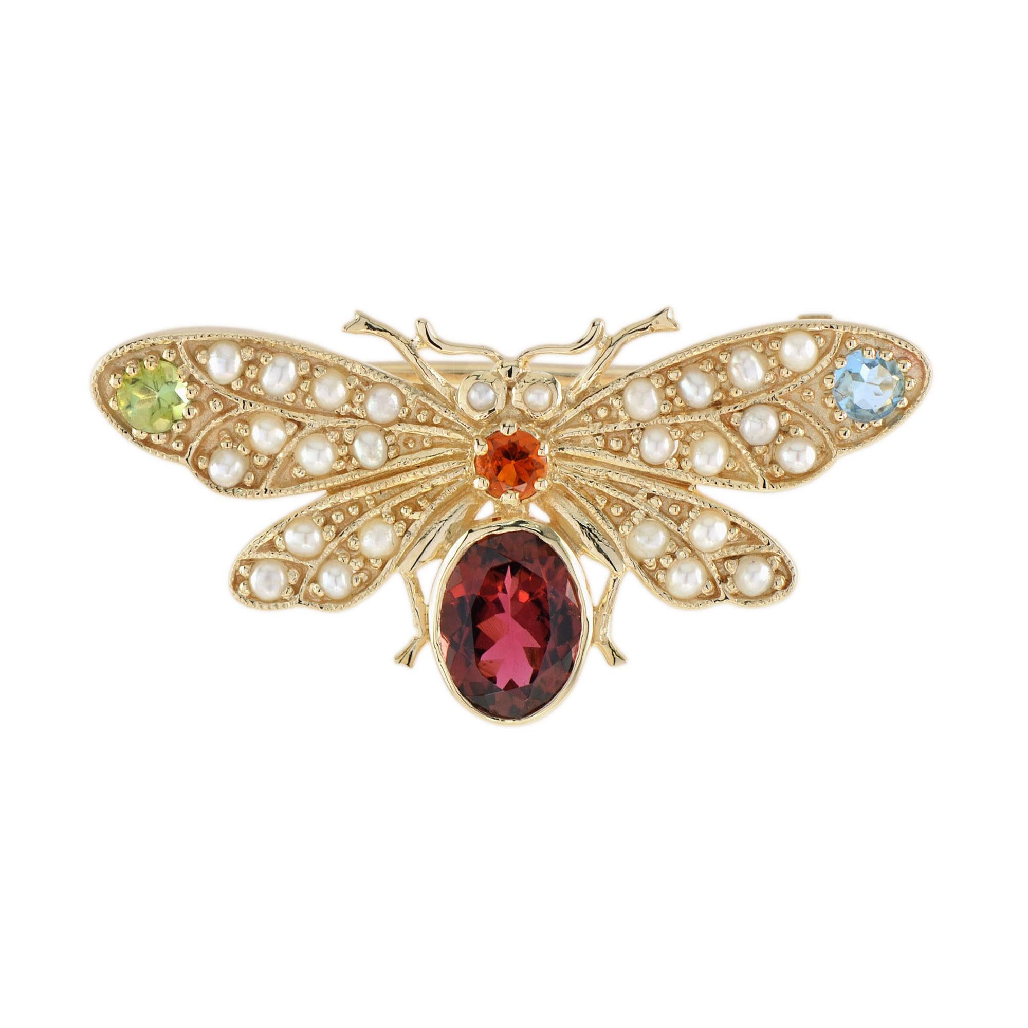 Tourmaline and Pearl Victorian Style Bee Brooch in 14K Yellow Gold For Sale