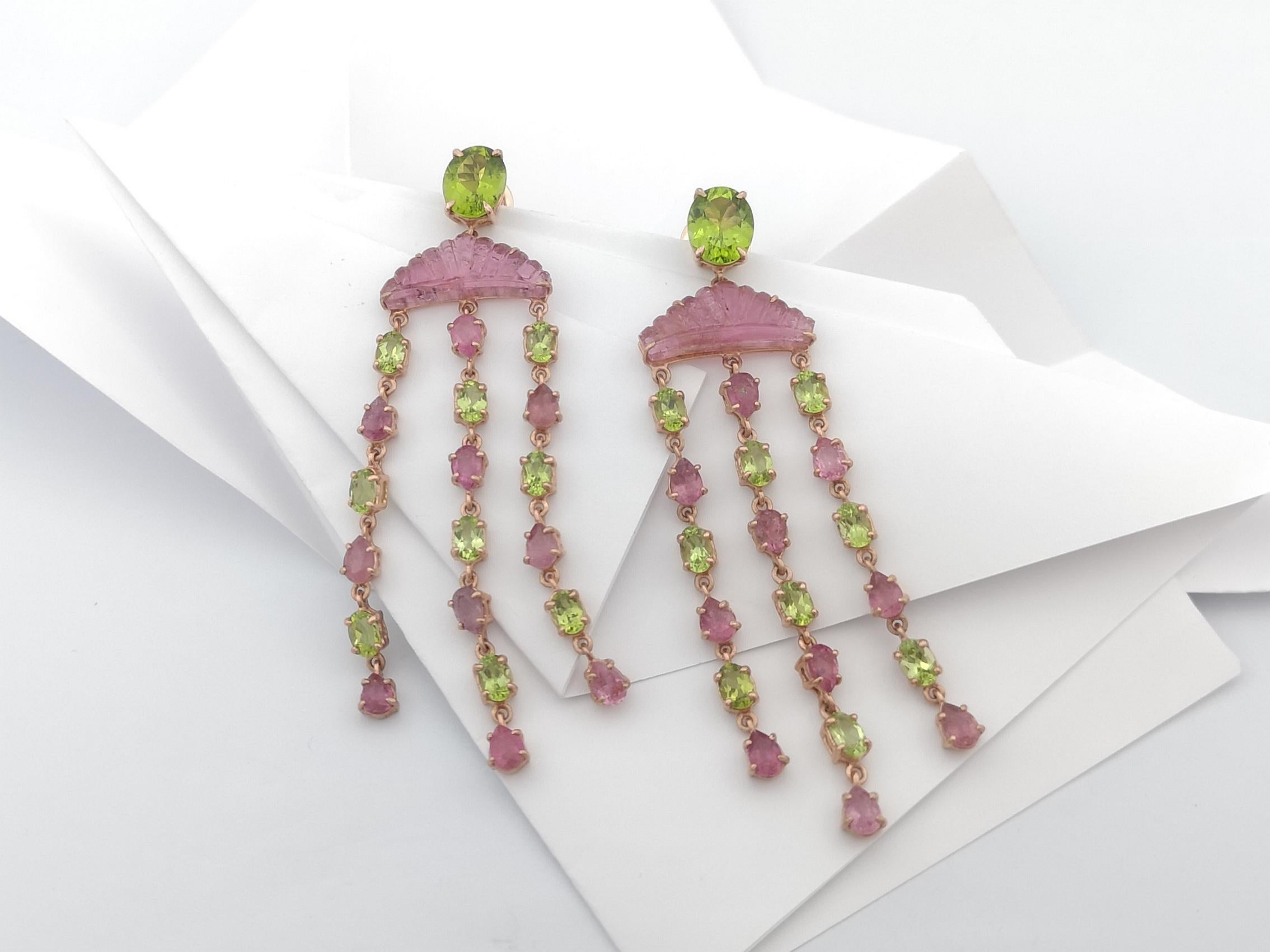 Mixed Cut Tourmaline and Peridot Earrings set in Silver Settings For Sale