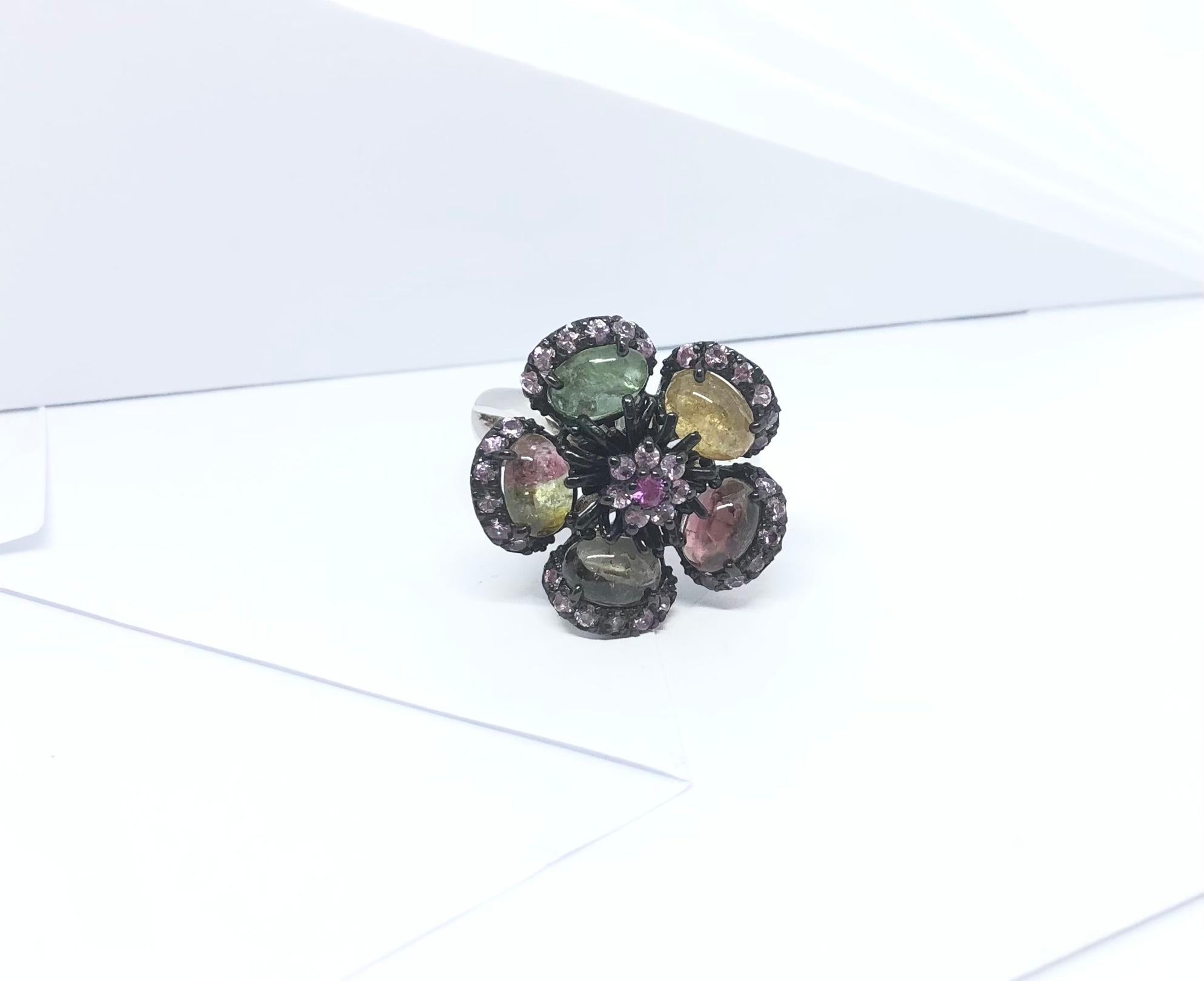 Mixed Cut Tourmaline and Pink Sapphire Ring set in Silver Settings For Sale