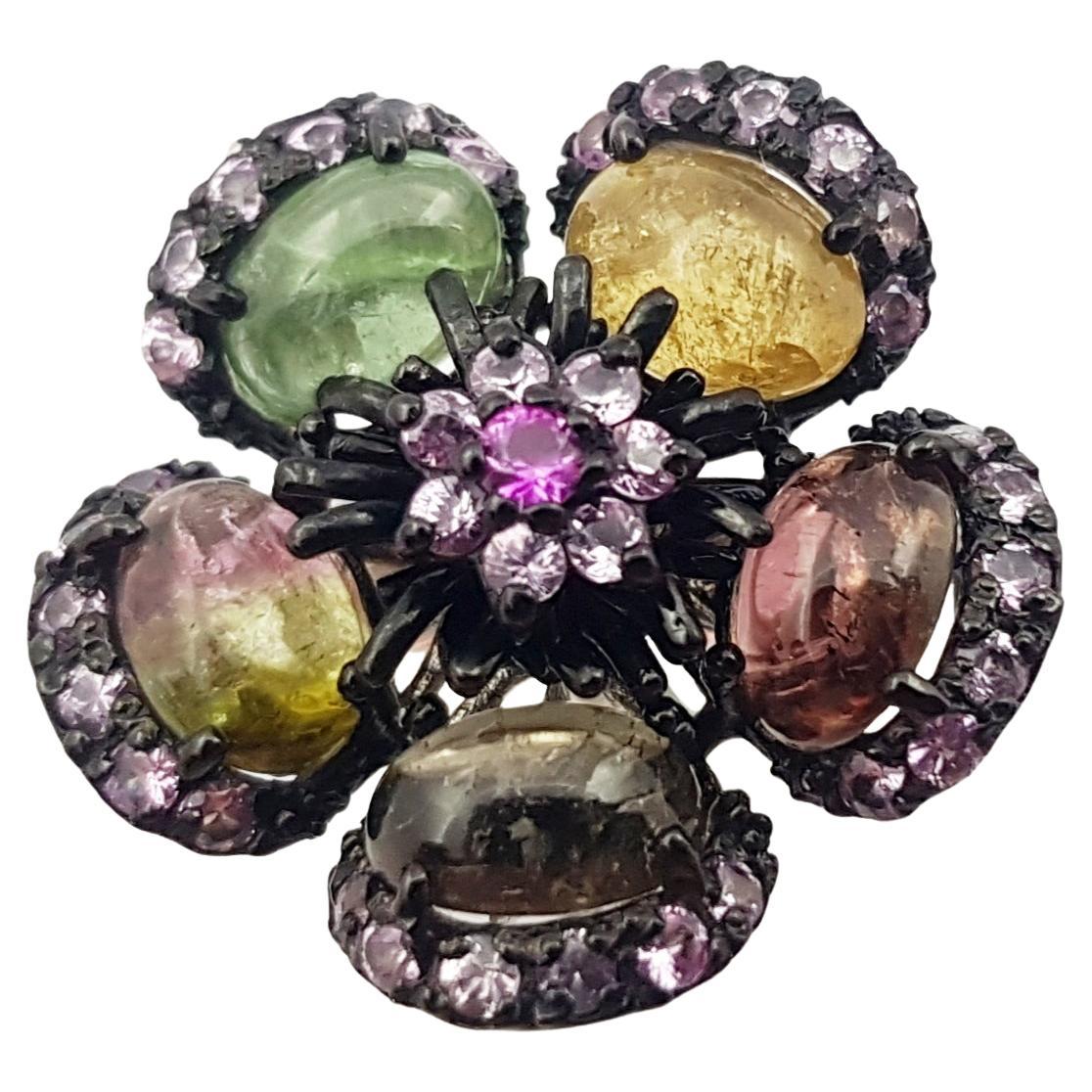 Anello con tormalina e zaffiro rosa in montatura d'argento in vendita